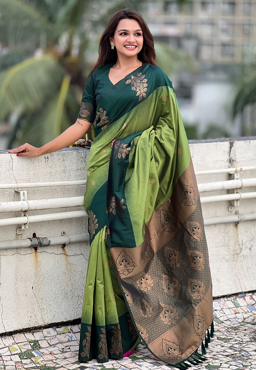 Olive Silk Blend Saree With Floral Border Zari Woven Work