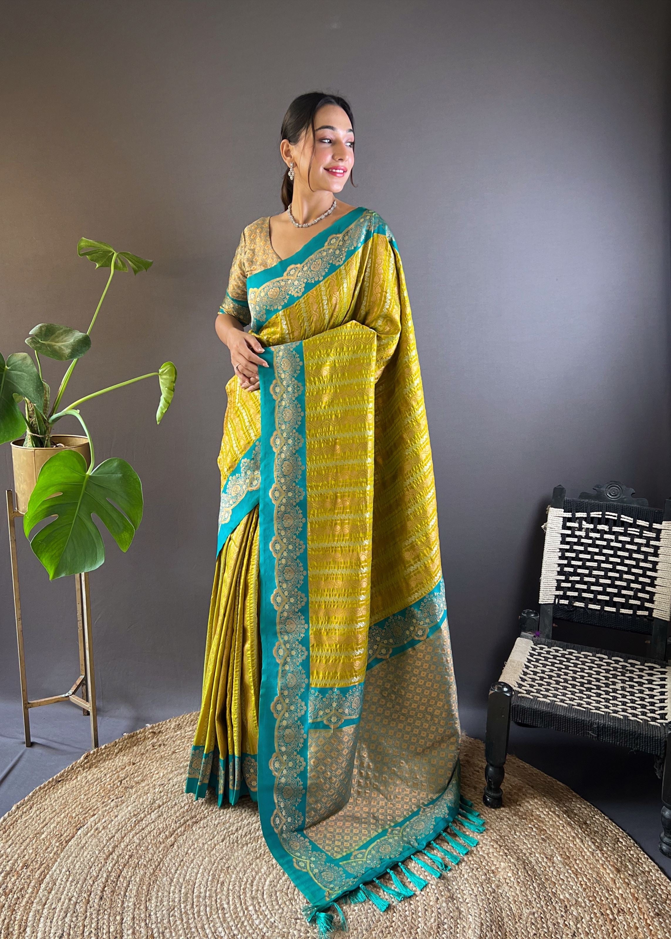 Olive Silk Blend Saree With Zari and Woven Work