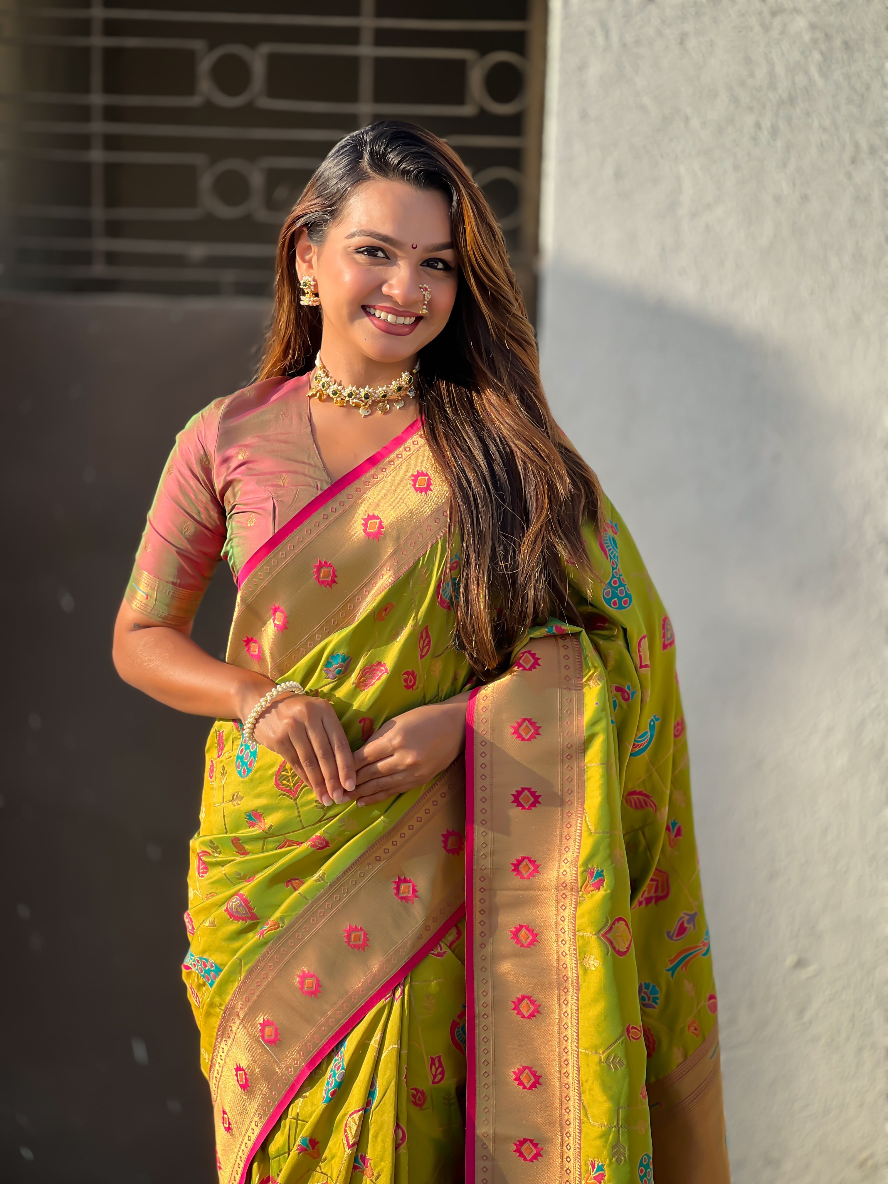 Olive Soft Silk Fabri Woven Paithani Meenakari Designer Ceremonial Saree