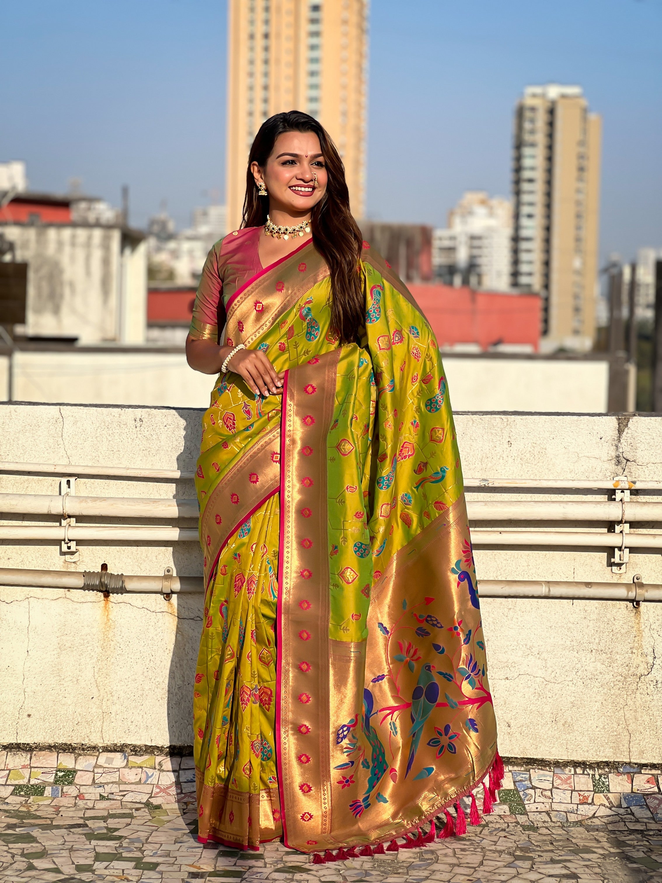 Olive Soft Silk Fabri Woven Paithani Meenakari Designer Ceremonial Saree