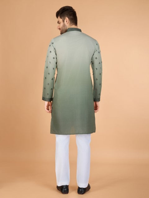 Omber Green Viscose Silk Embroidered Partywear Kurta