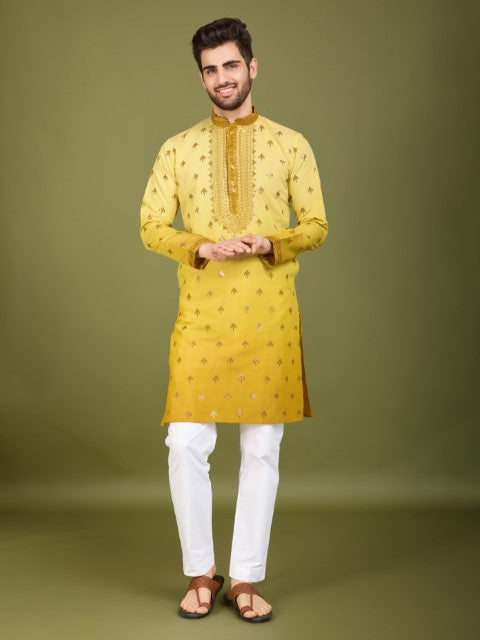 Omber Yellow Viscose Silk Embroidered Partywear Kurta