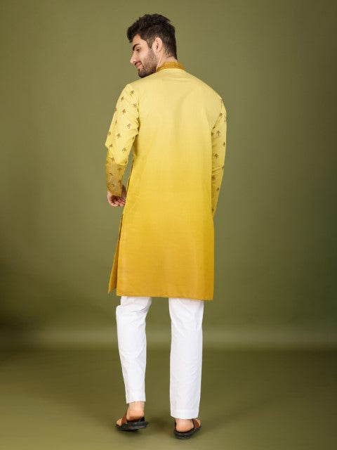 Omber Yellow Viscose Silk Embroidered Partywear Kurta