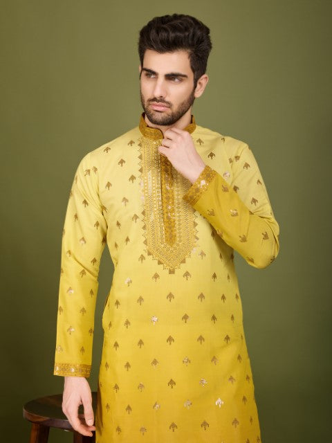 Omber Yellow Viscose Silk Embroidered Partywear Kurta