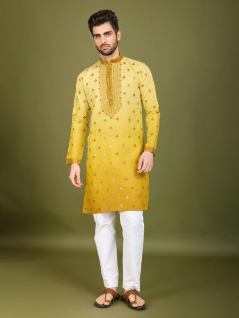 Omber Yellow Viscose Silk Embroidered Partywear Kurta