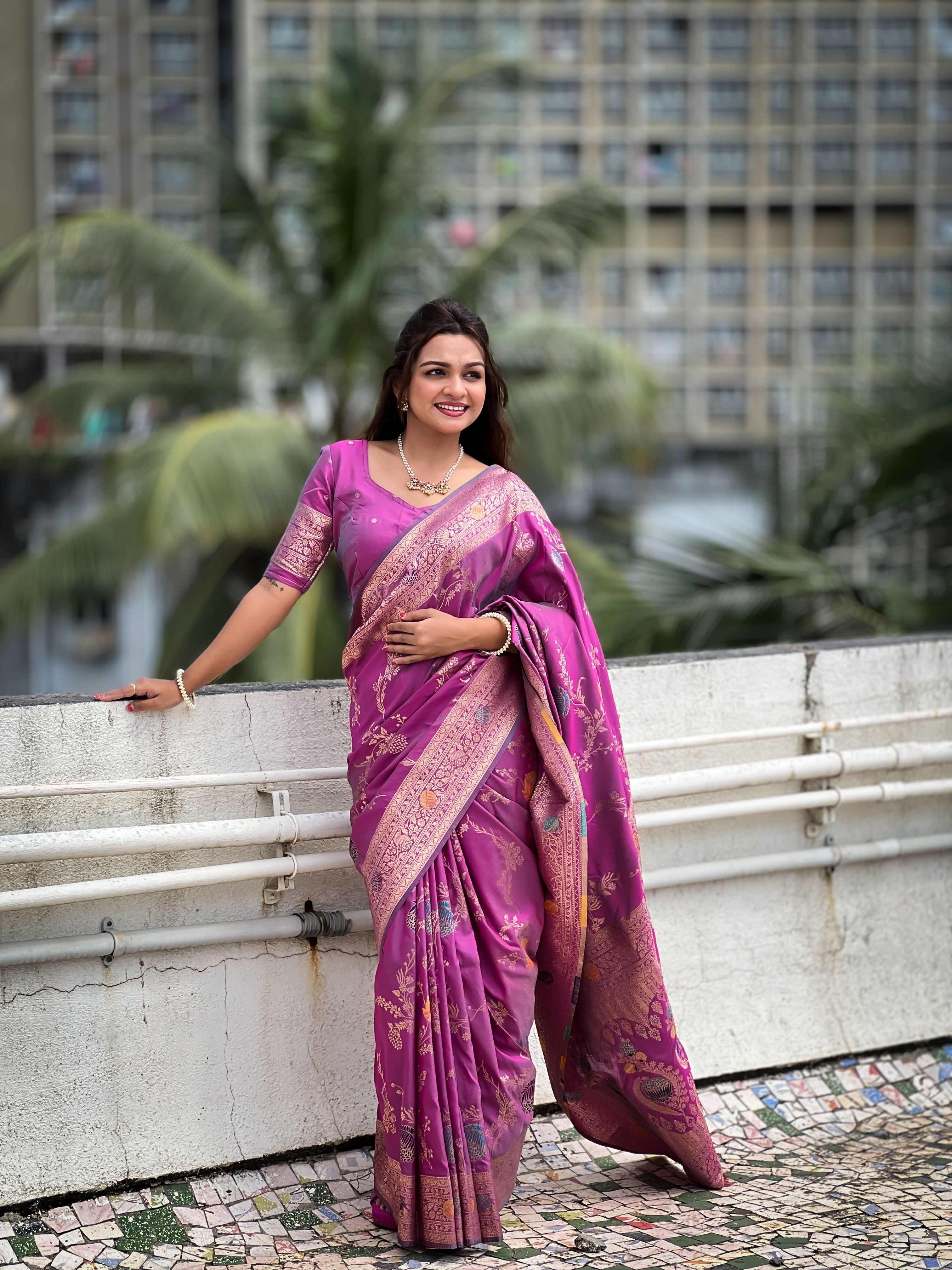 Onion Beautiful Banarasi Silk Woven Meenakari Designer Graceful Ethnic Saree