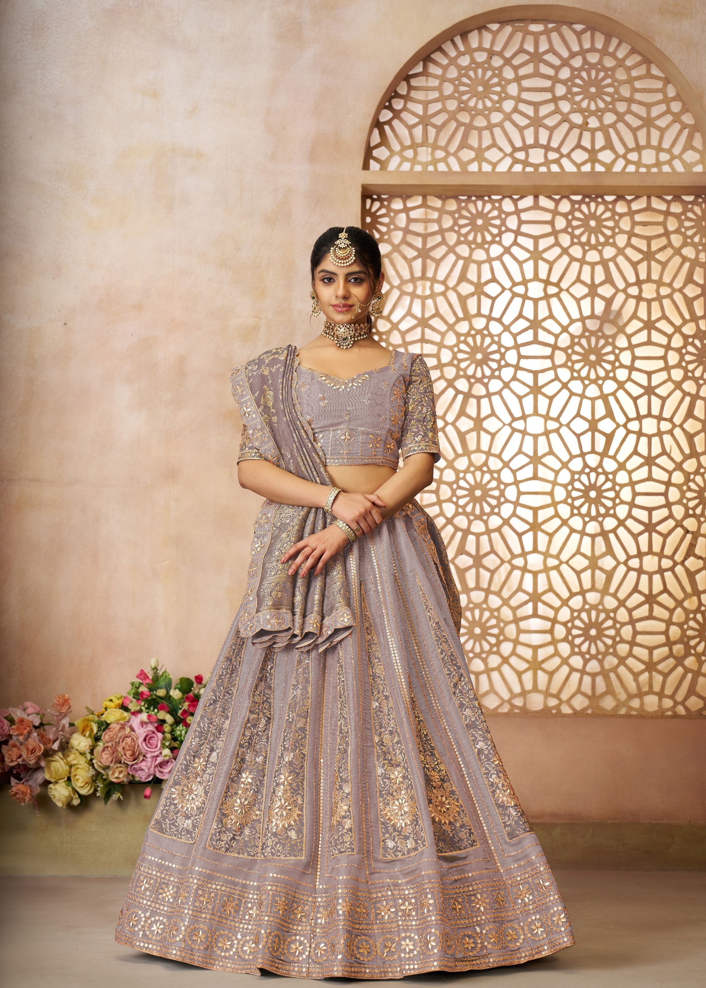 Onion Color Brocade Bridal Lehenga With Banarasi Patches and Zari Panel Work