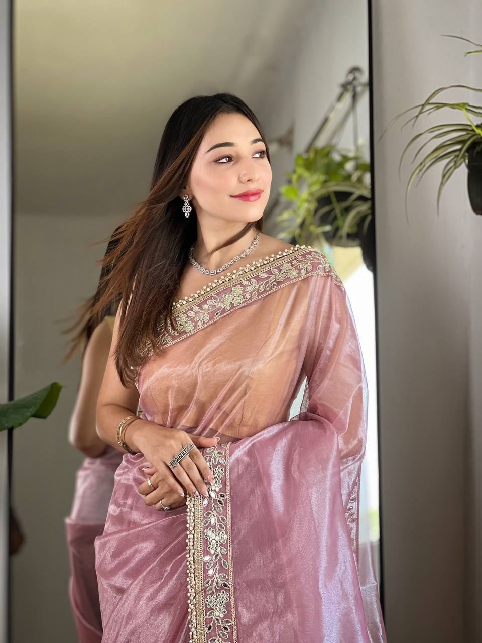 Onion Colour Silver Tissue Silk Embroidery And Mirror Work Saree