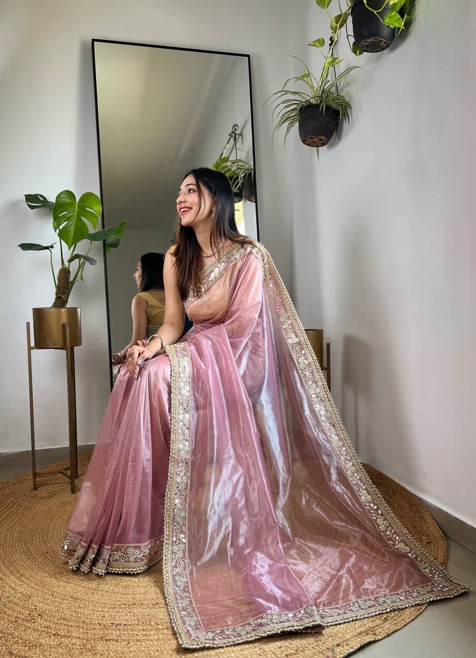 Onion Colour Silver Tissue Silk Embroidery And Mirror Work Saree