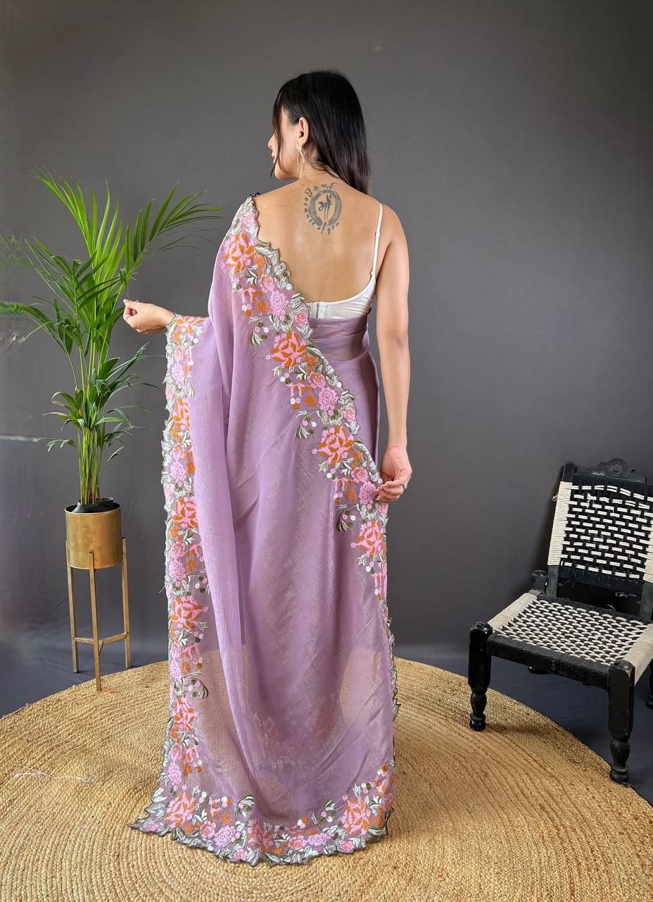 Onion Colour Soft Glossy Silk Heavy Embroidery Work Saree