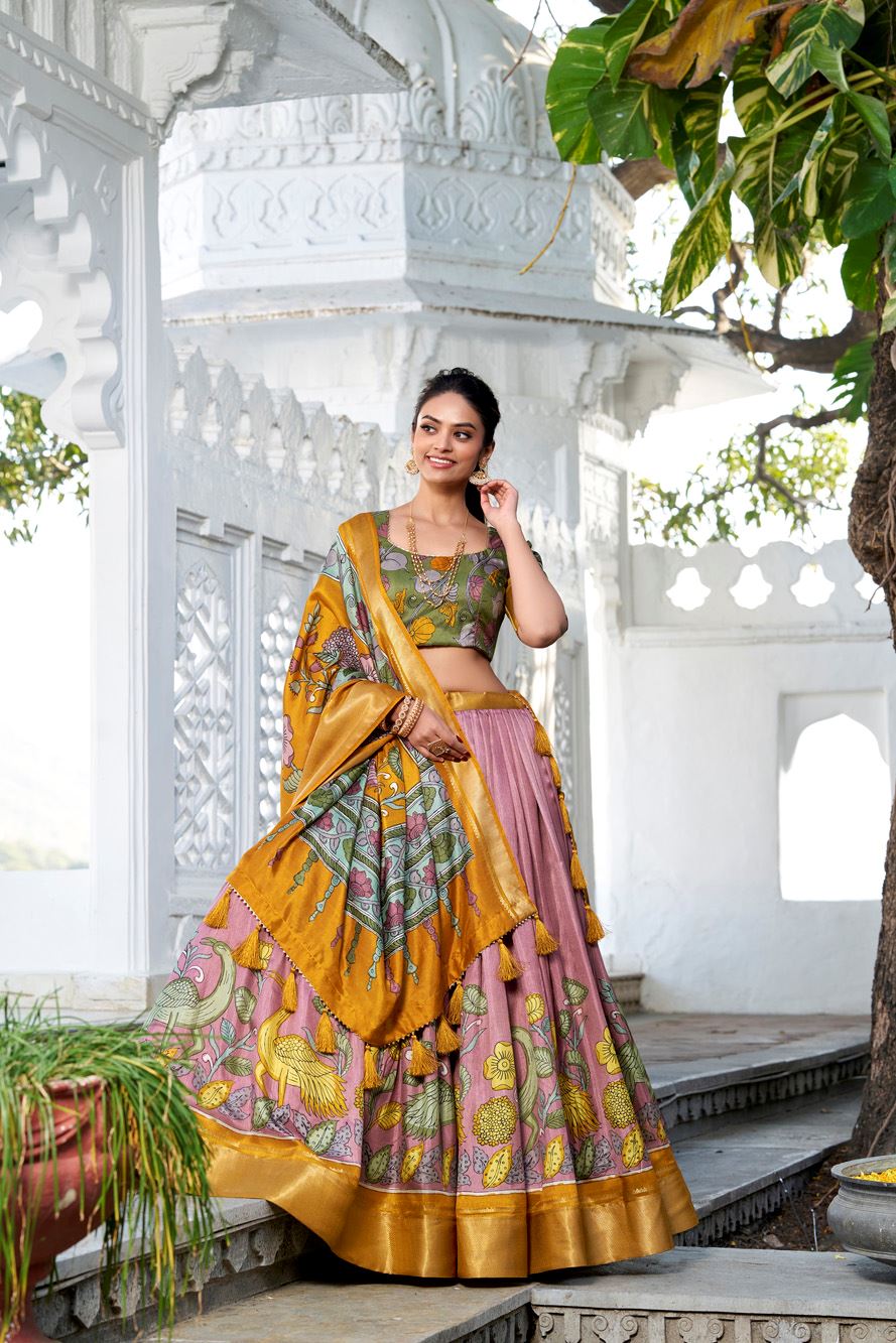 Onion Dola Silk Lehenga with Kalamkari Print and Rich Zari Woven Border