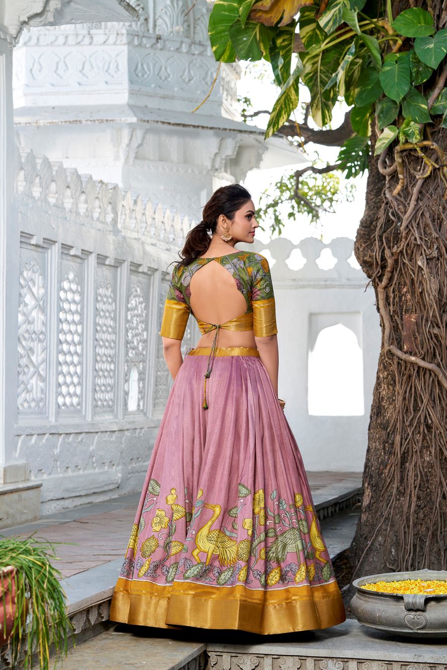 Onion Dola Silk Lehenga with Kalamkari Print and Rich Zari Woven Border