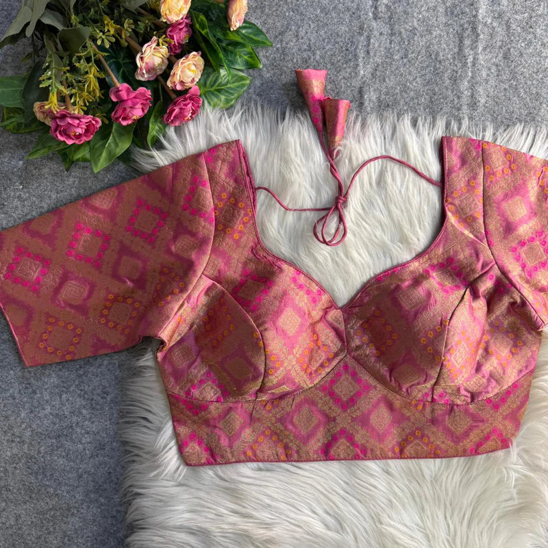 Onion Pink Banarasi Jacquard Patola Designer Blouse Silk Partywear Readymade Blouse