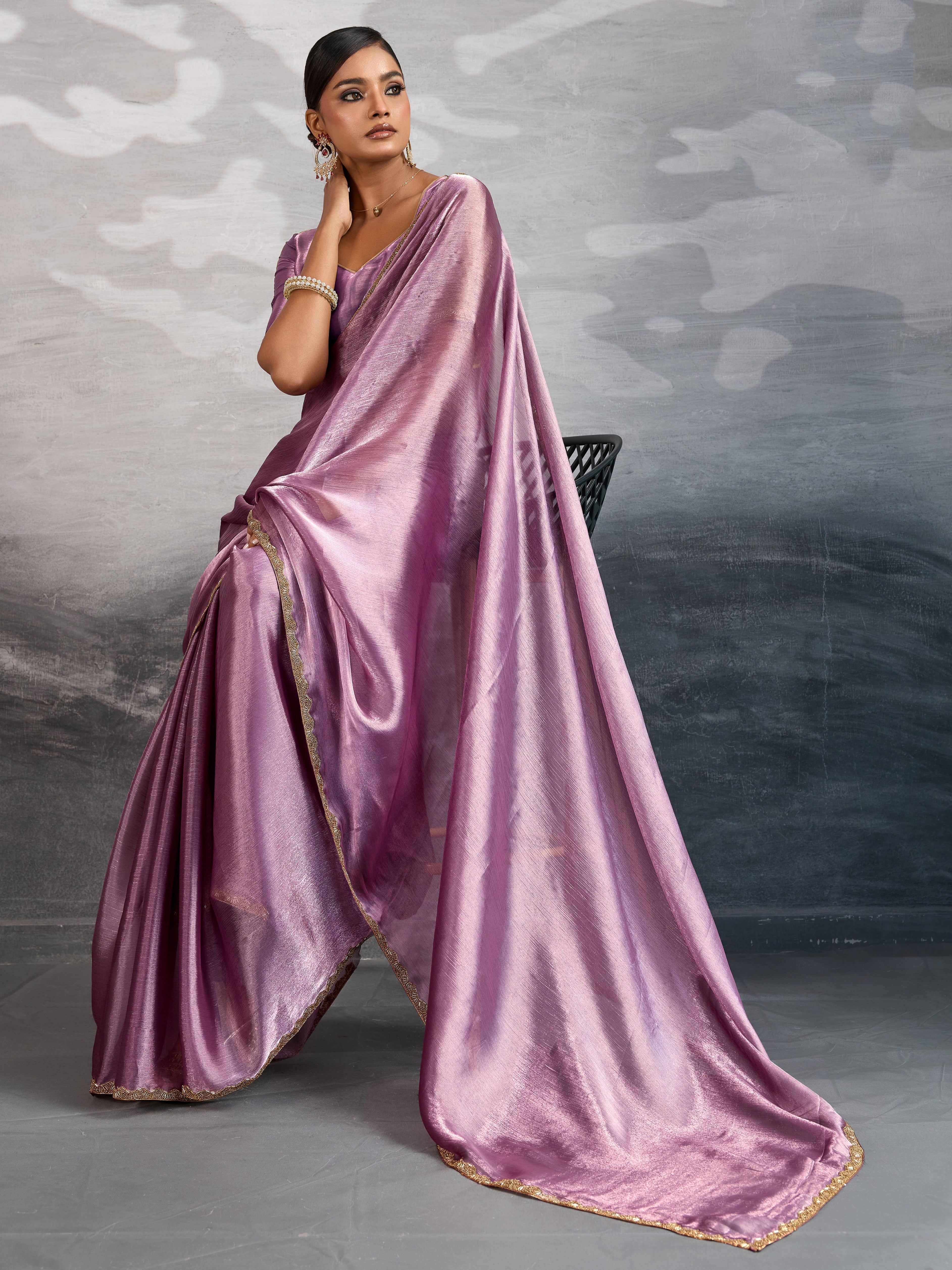 Onion Pink Burberry Chiffon Saree with Beads and Cutdana Lace