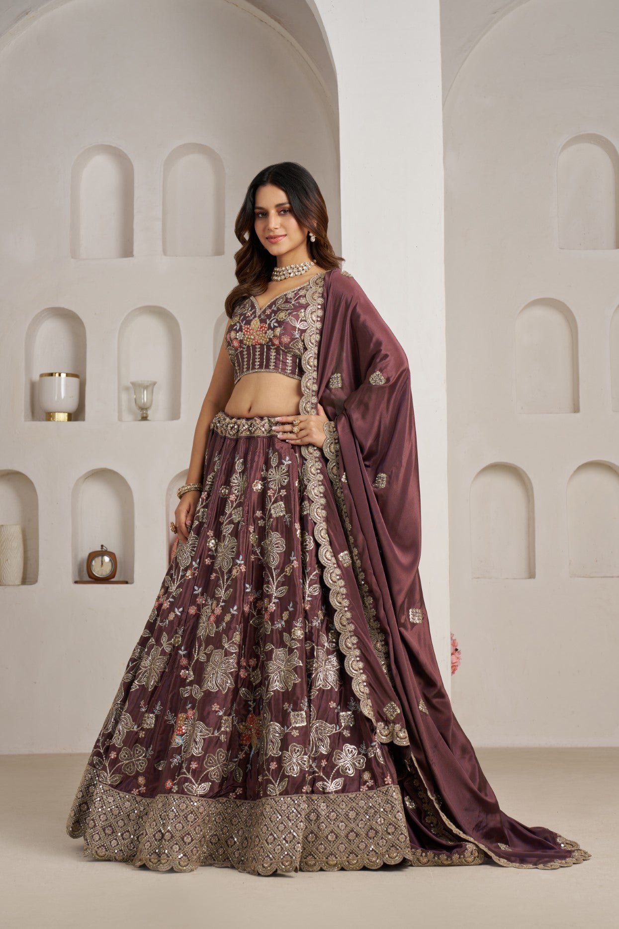 Onion Pink Crepe Silk Designer Lehenga Choli with Golden Embroidery