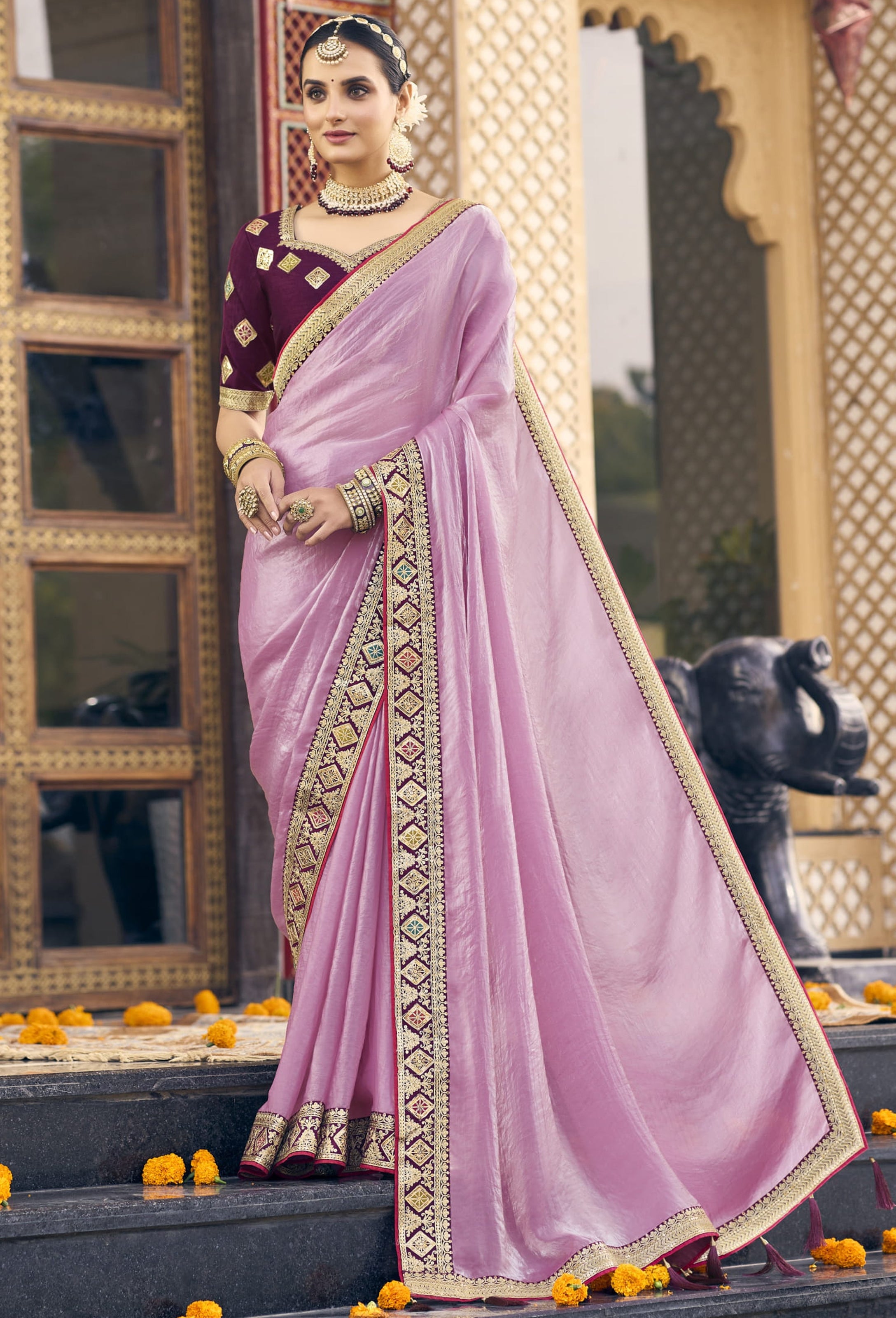 Onion Pink Georgette Plain Saree With Embroidered Lace Border