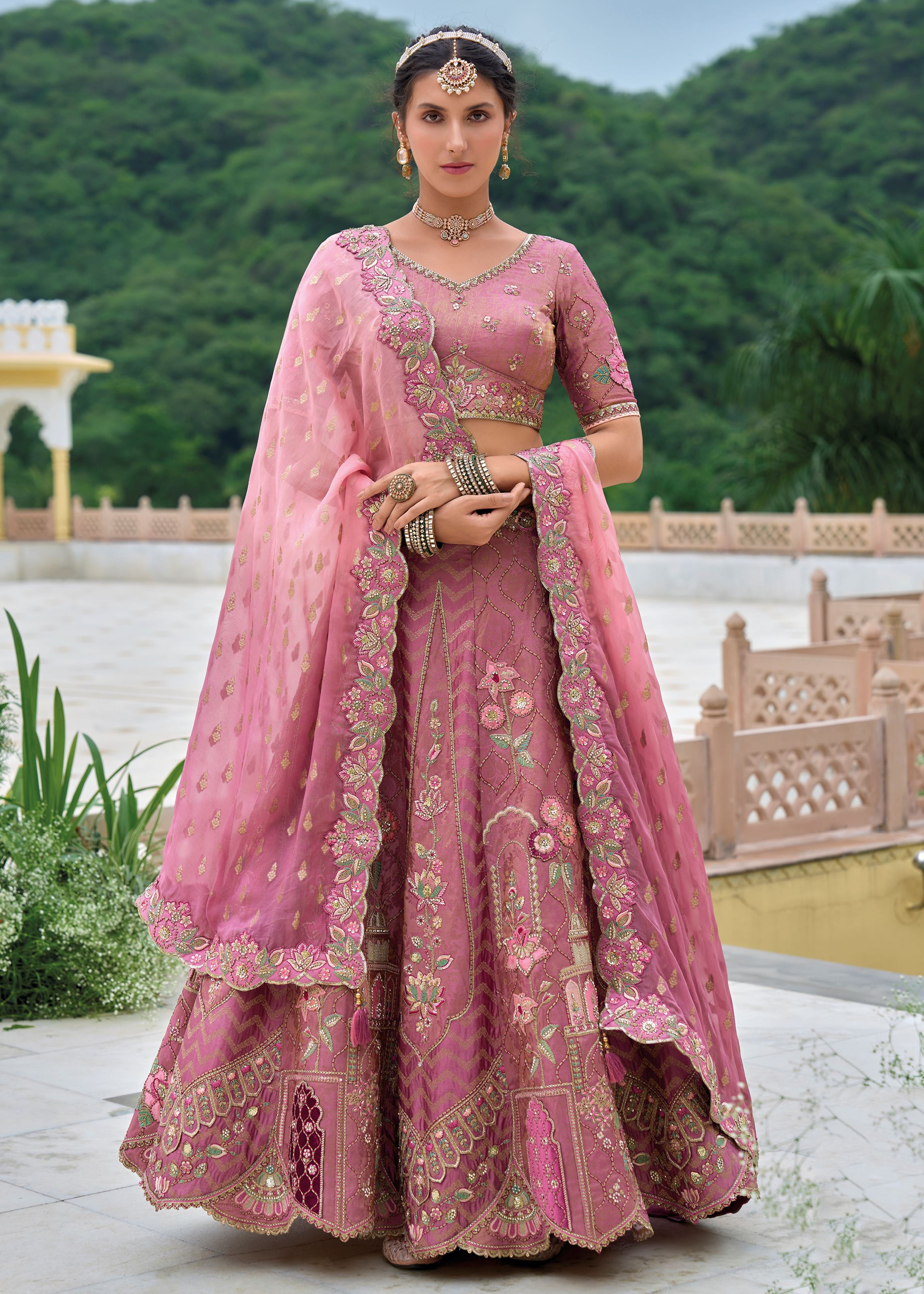 Onion Pink Lehenga Choli With Heavy Thread Embroidery, Zari With Sequins Work