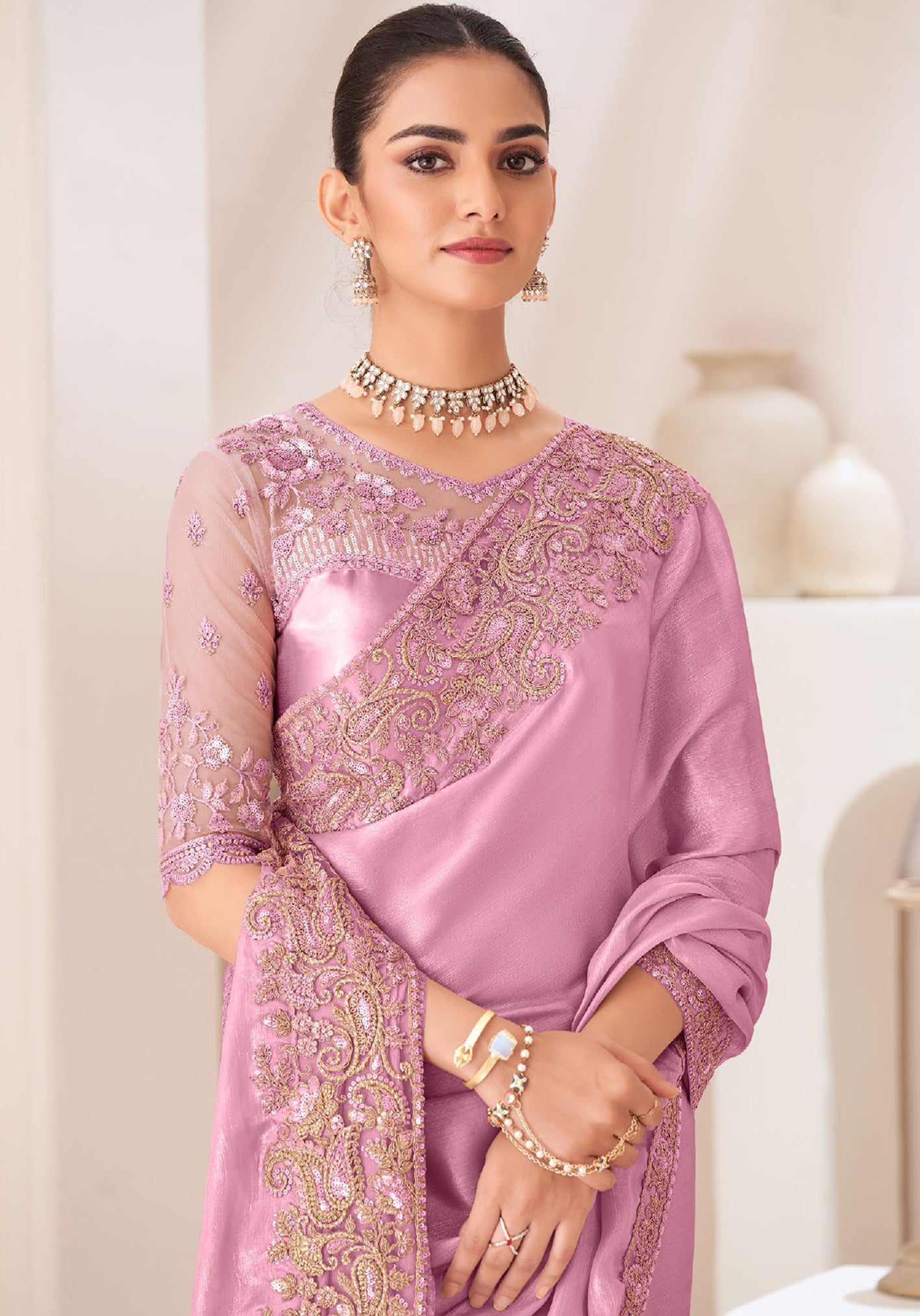 Onion Pink Saree With Heavy Embroidered Work