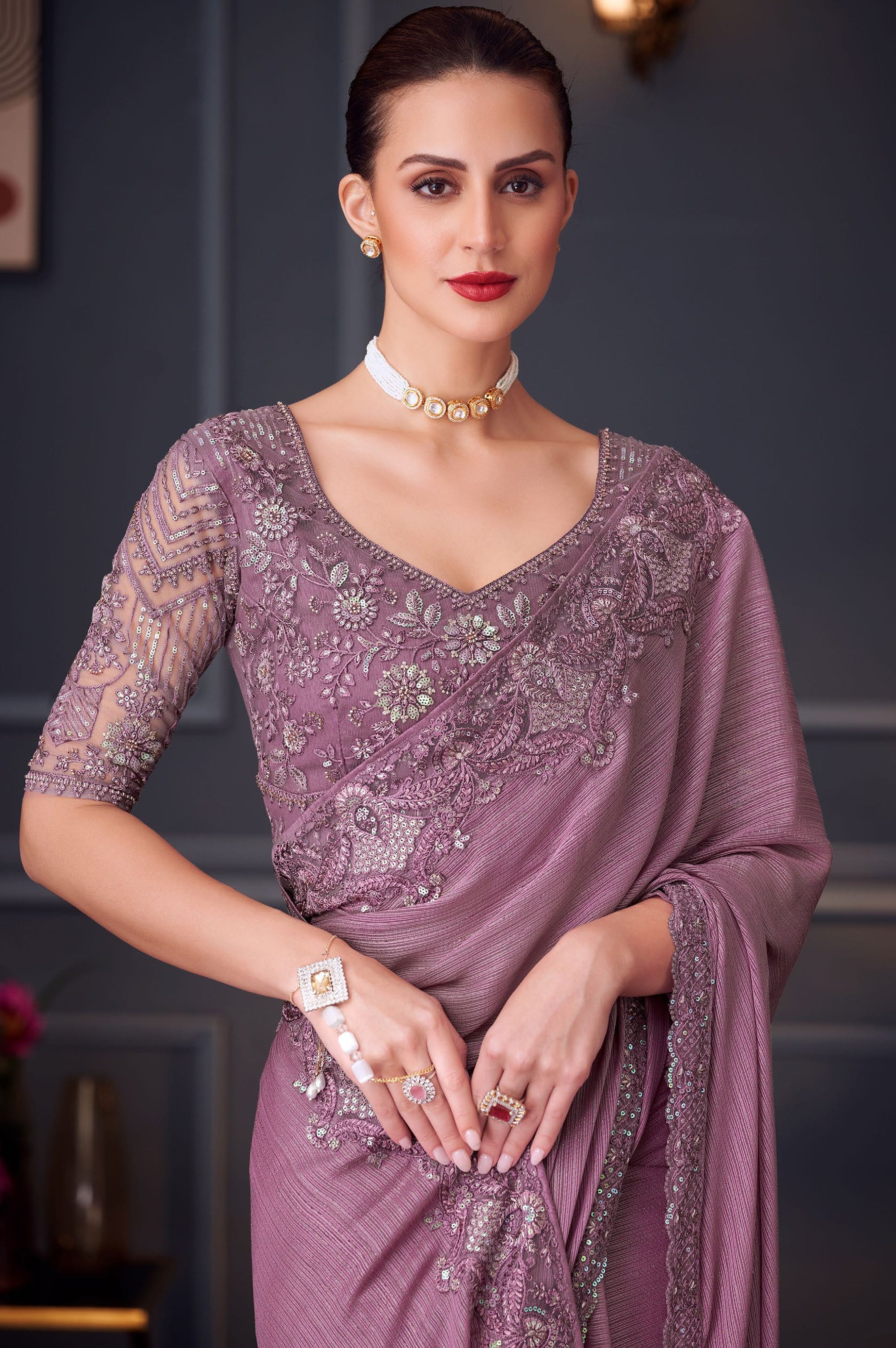 Onion Pink Saree With Heavy Thread Embroidery Sequins Work