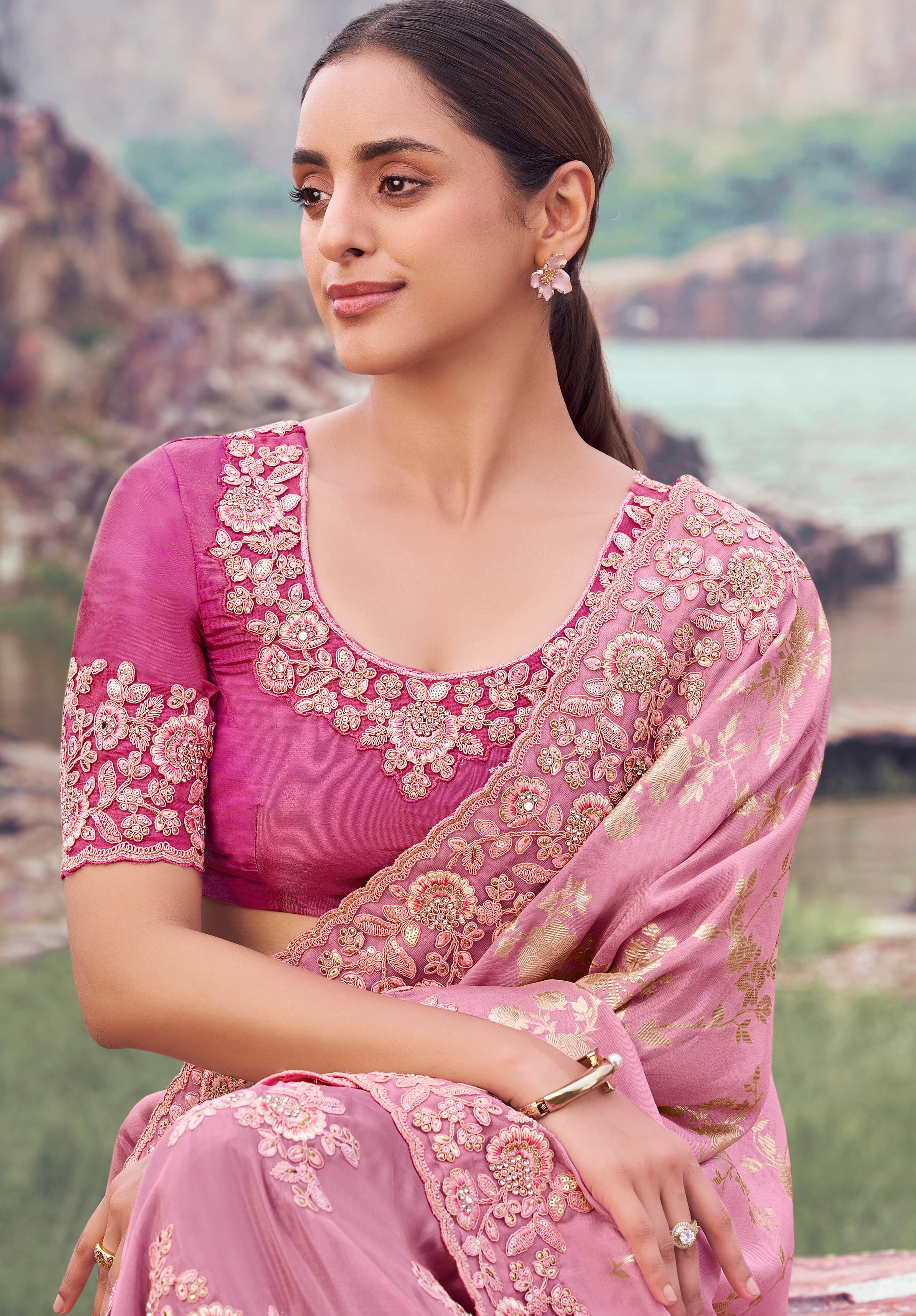Onion Pink Saree With Jacquard Woven With Embroidered Border & Blouse