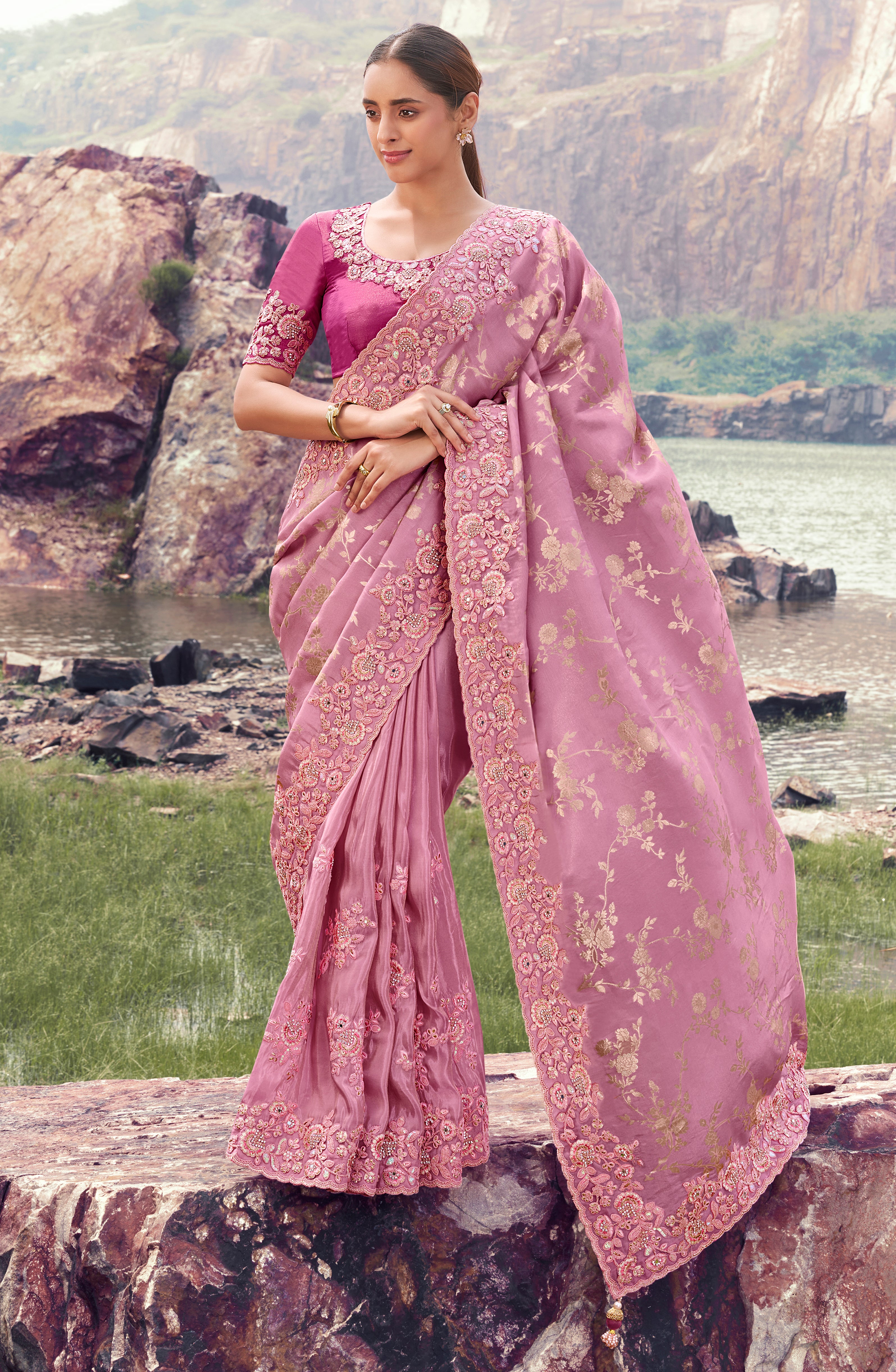 Onion Pink Saree With Jacquard Woven With Embroidered Border & Blouse
