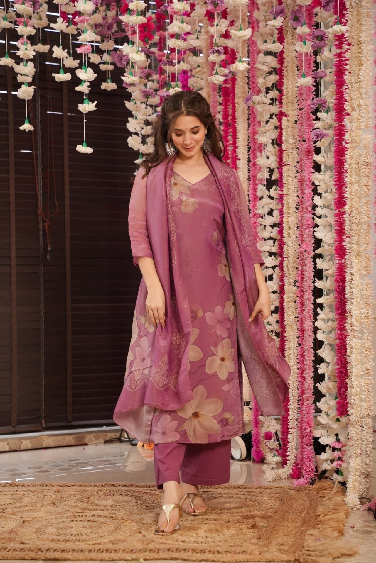 Onion Pink Silk Kurta Pant Set Printed