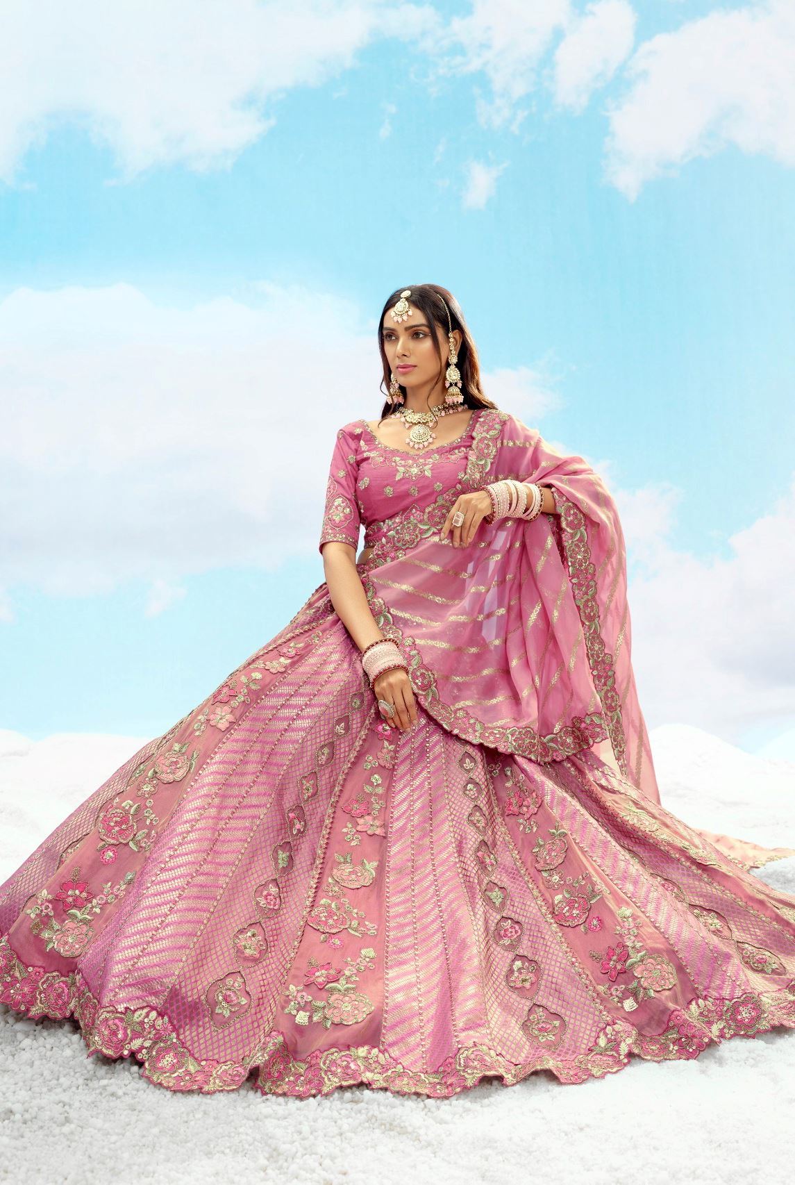 Onion Pink Silk Lehenga Choli With Heavy Thread Embroidery, Zari With Sequins Work