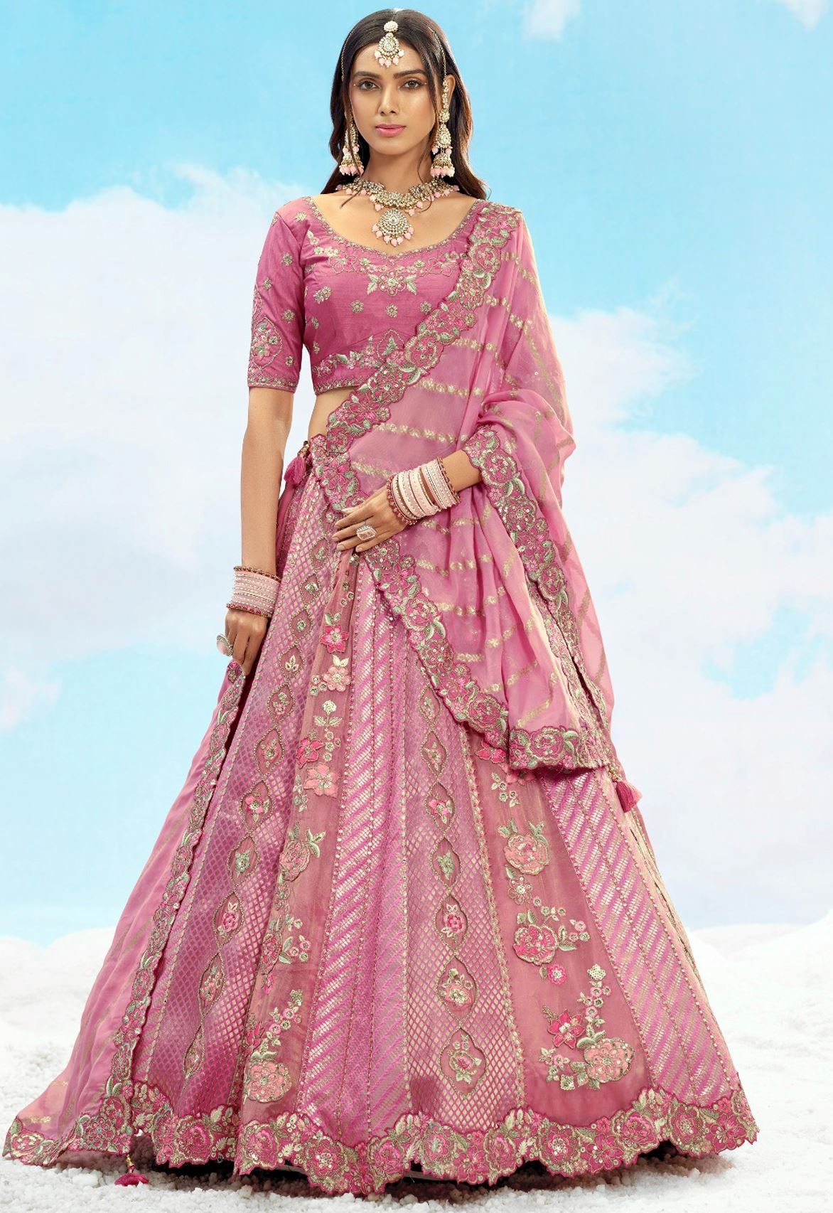 Onion Pink Silk Lehenga Choli With Heavy Thread Embroidery, Zari With Sequins Work