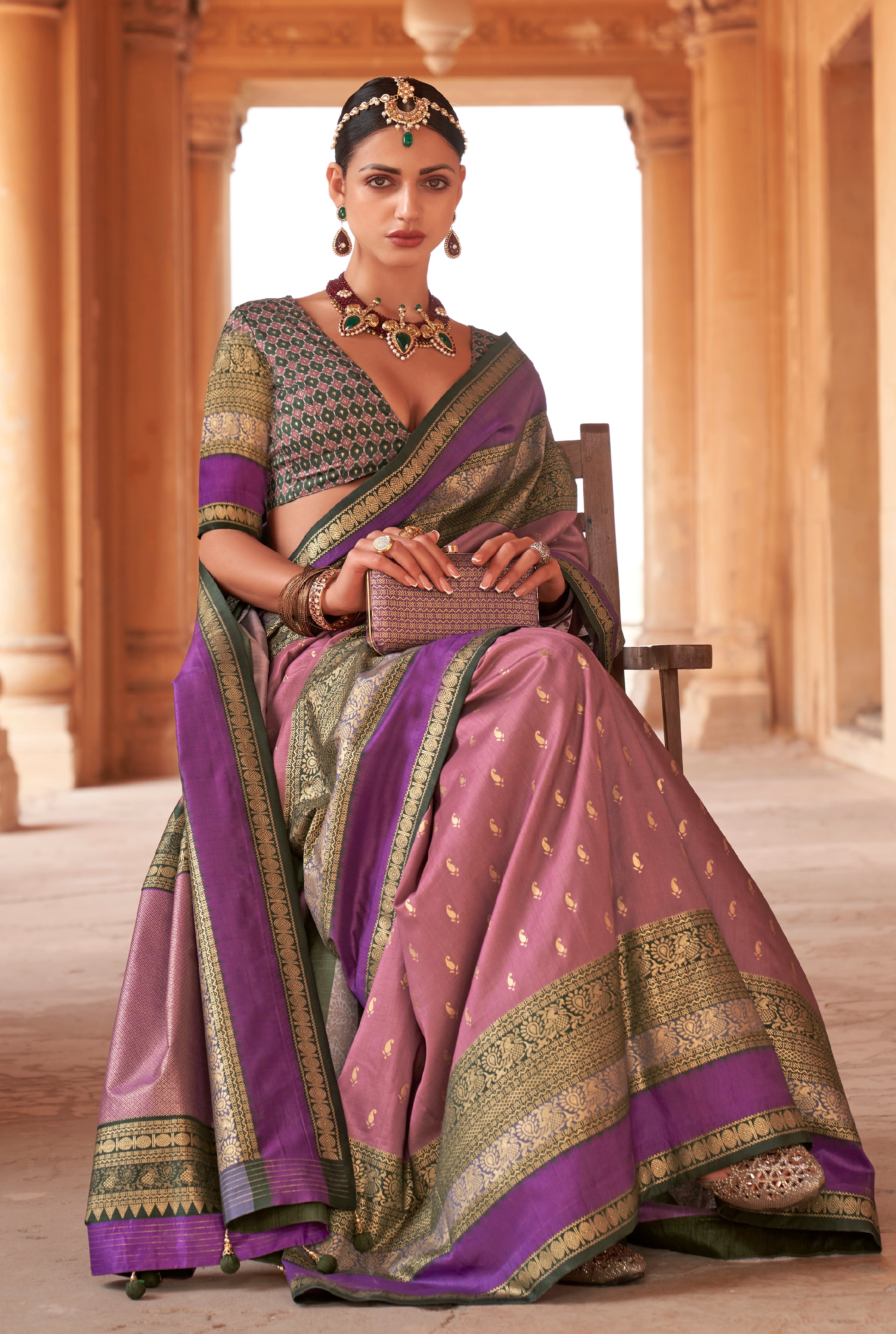 Onion Pink Silk Saree with Jacquard Woven Work
