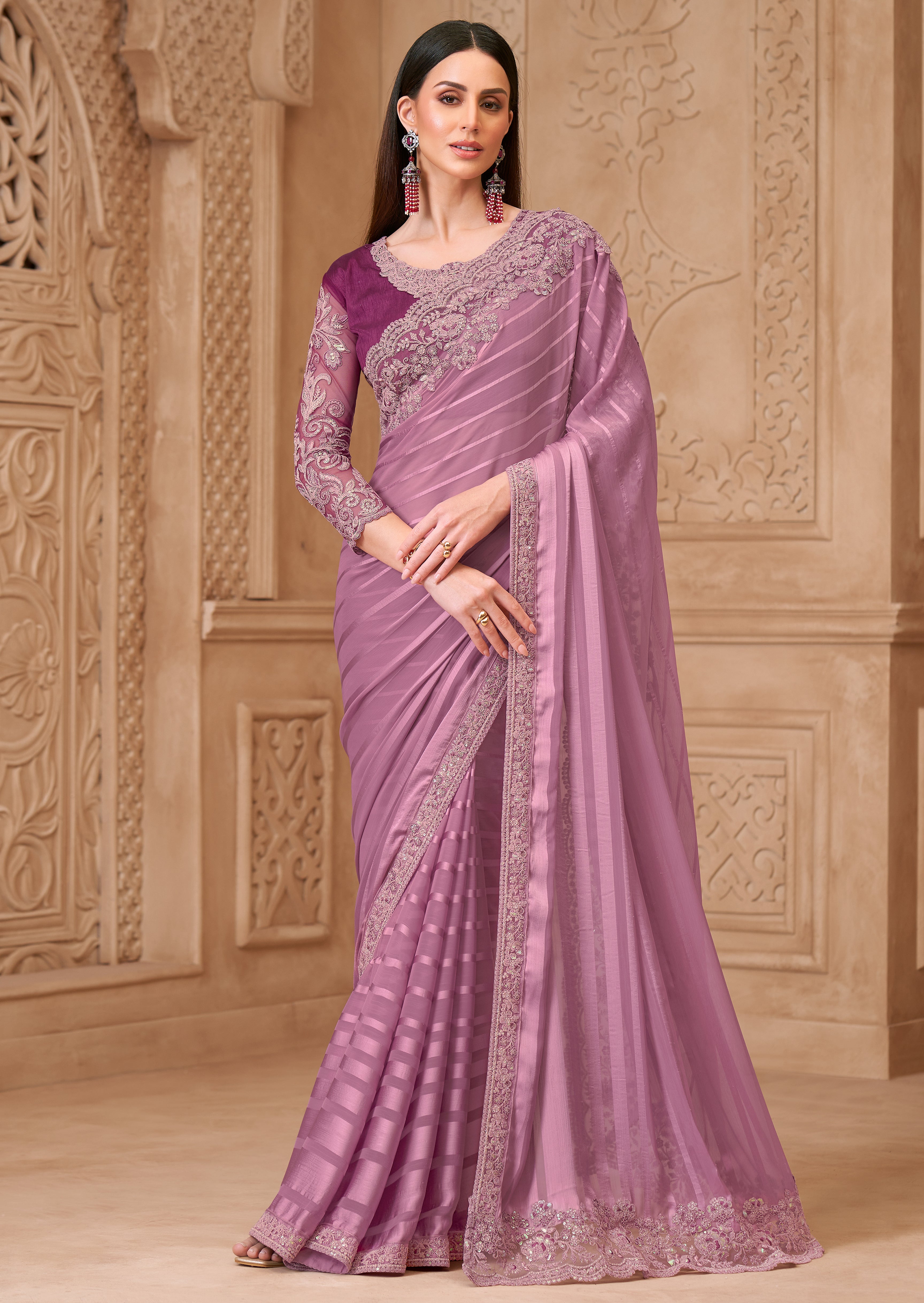 Onion Saree With Heavy Thread Embroidery Sequins Border Work With Embroidery Blouse