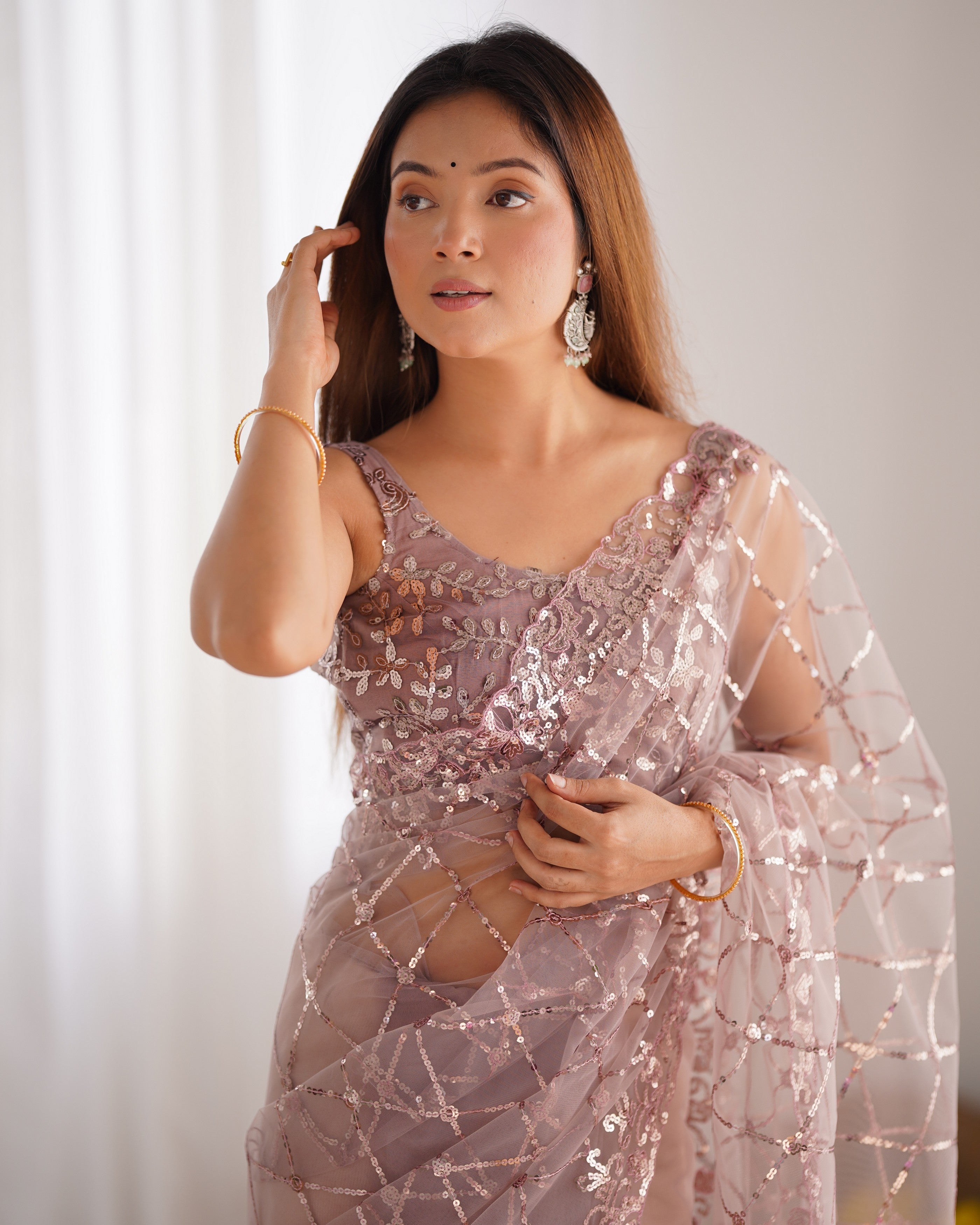 Onion Soft Net Designer Sequins Embroidery Work Bollywood Style Saree