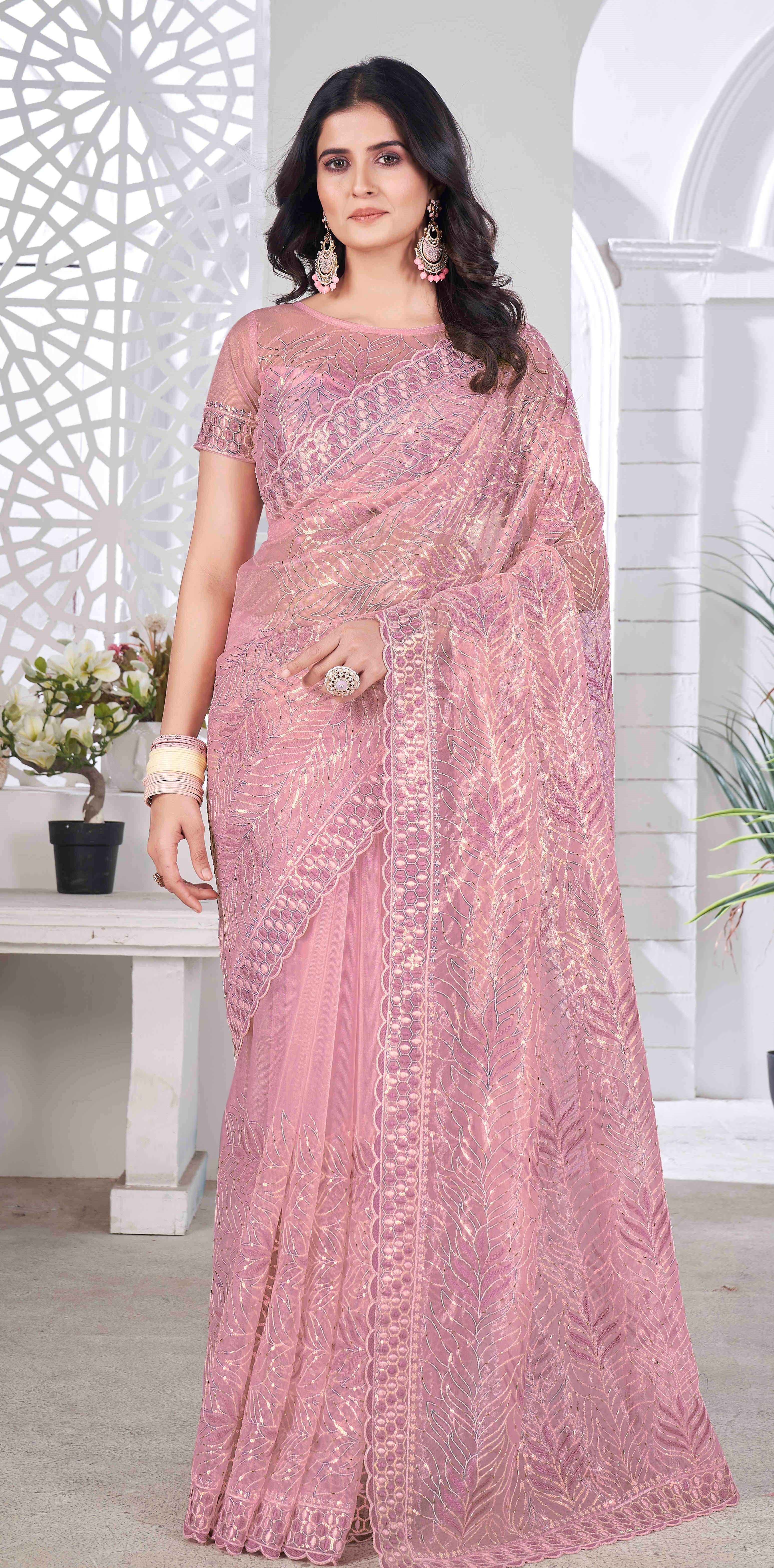 Onion Tissue Net Sequance And Multy Thread Embroidery Saree With Cut Work