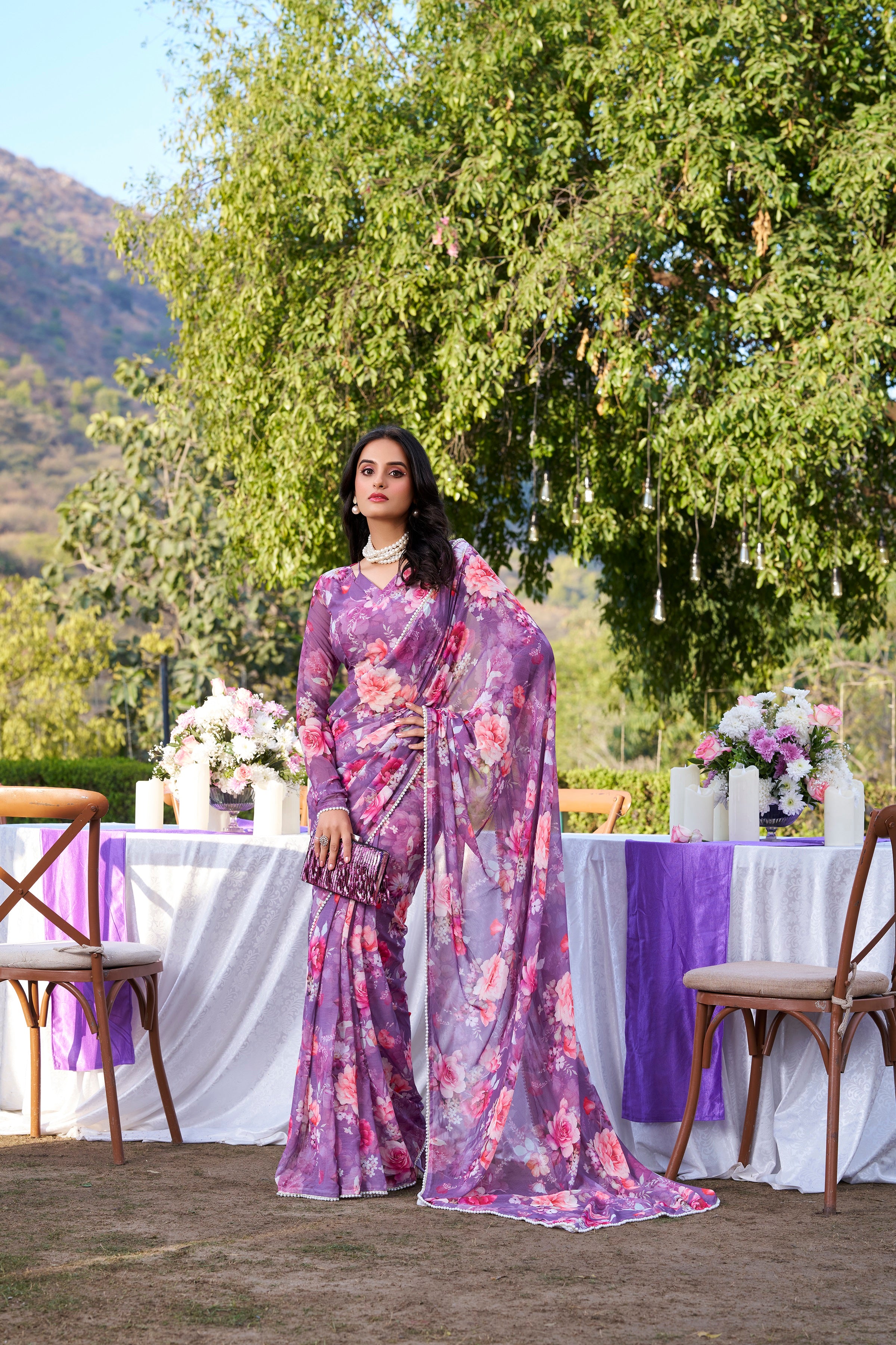 Onion Weightless Marble Print Saree with Pearl Lace Border