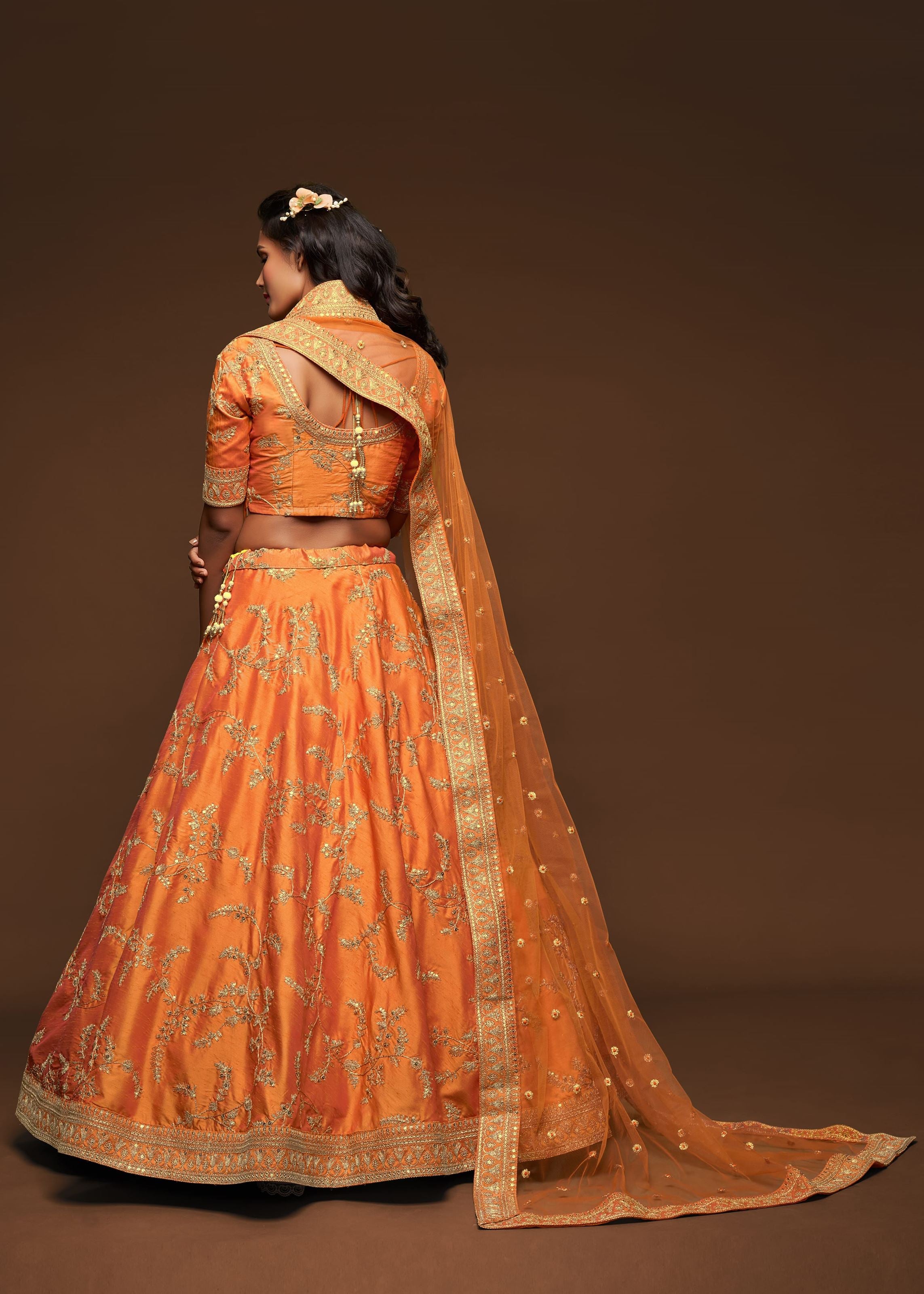 Orange Art Silk Lehenga Choli With Thread, Zari, Dori and Sequins Embroidery Work