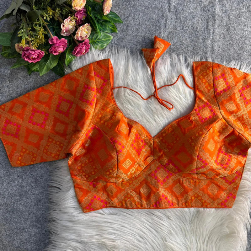 Orange Banarasi Jacquard Patola Designer Blouse Silk Partywear Readymade Blouse