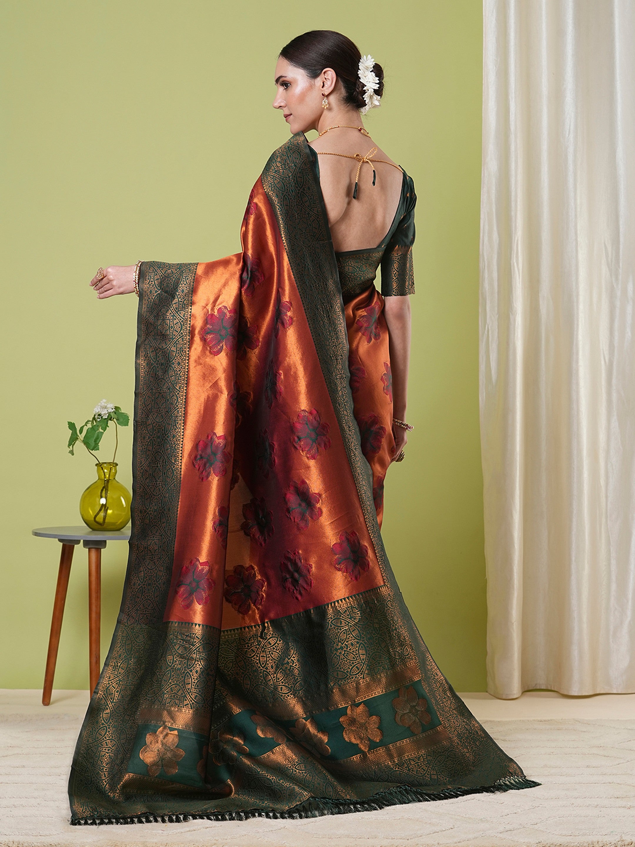 Orange Banarasi Silk Woven Jacquard Designer Partywear Saree