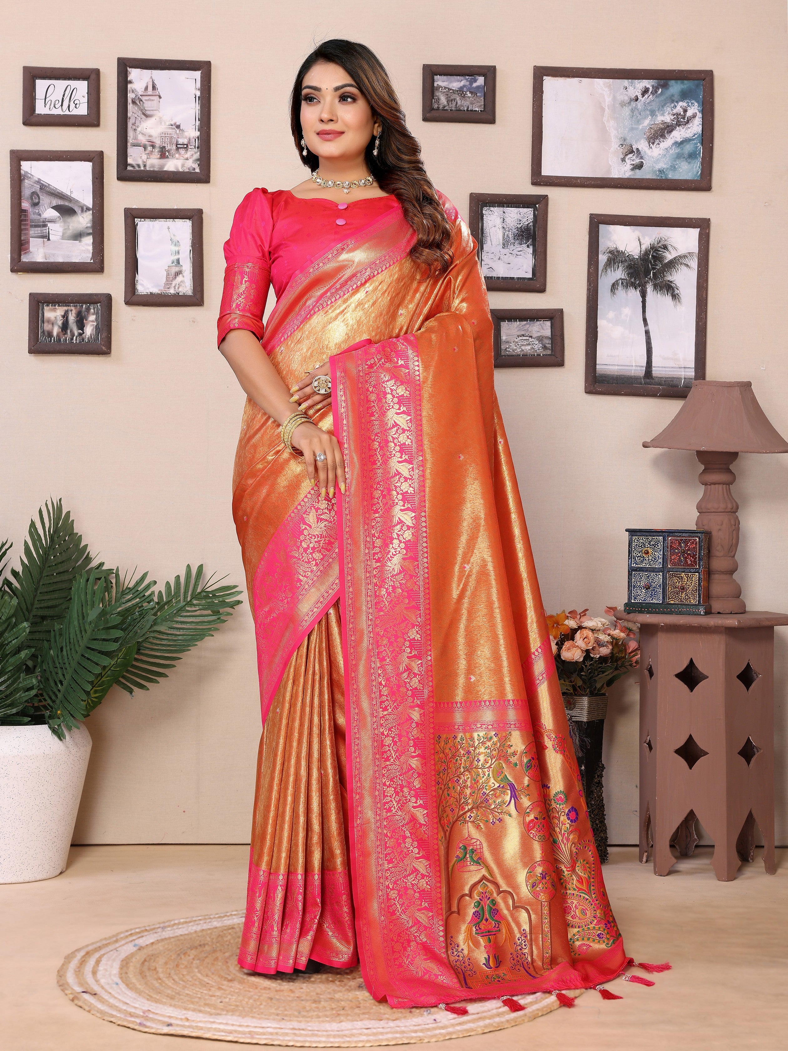 Orange Banarasi Tissue Silk Heavy Woven Jari Designer Ceremonial Saree