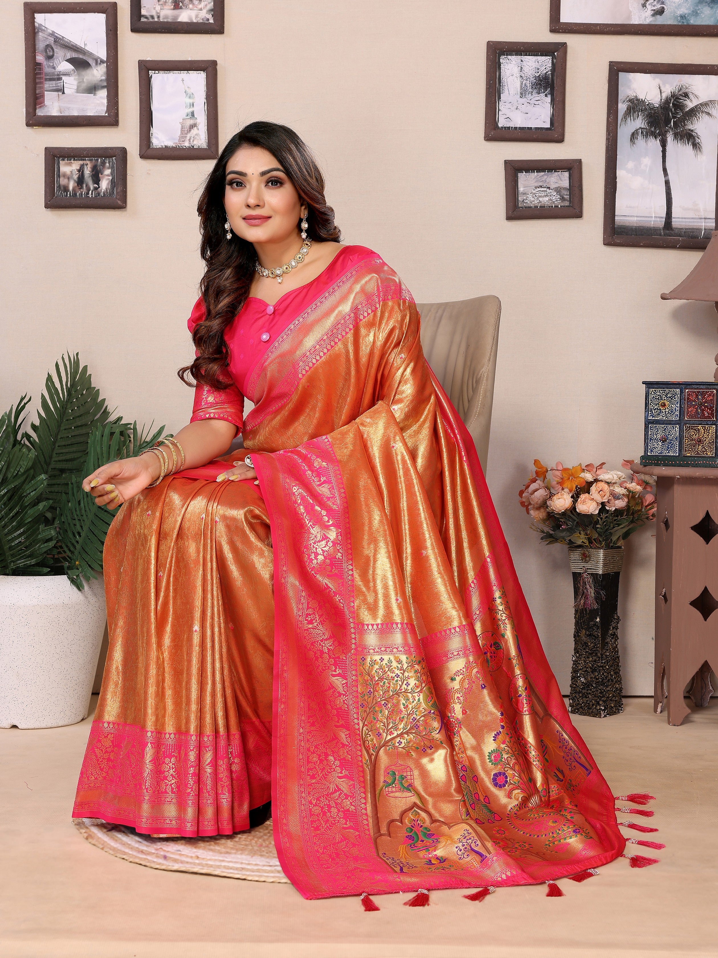 Orange Banarasi Tissue Silk Heavy Woven Jari Designer Ceremonial Saree