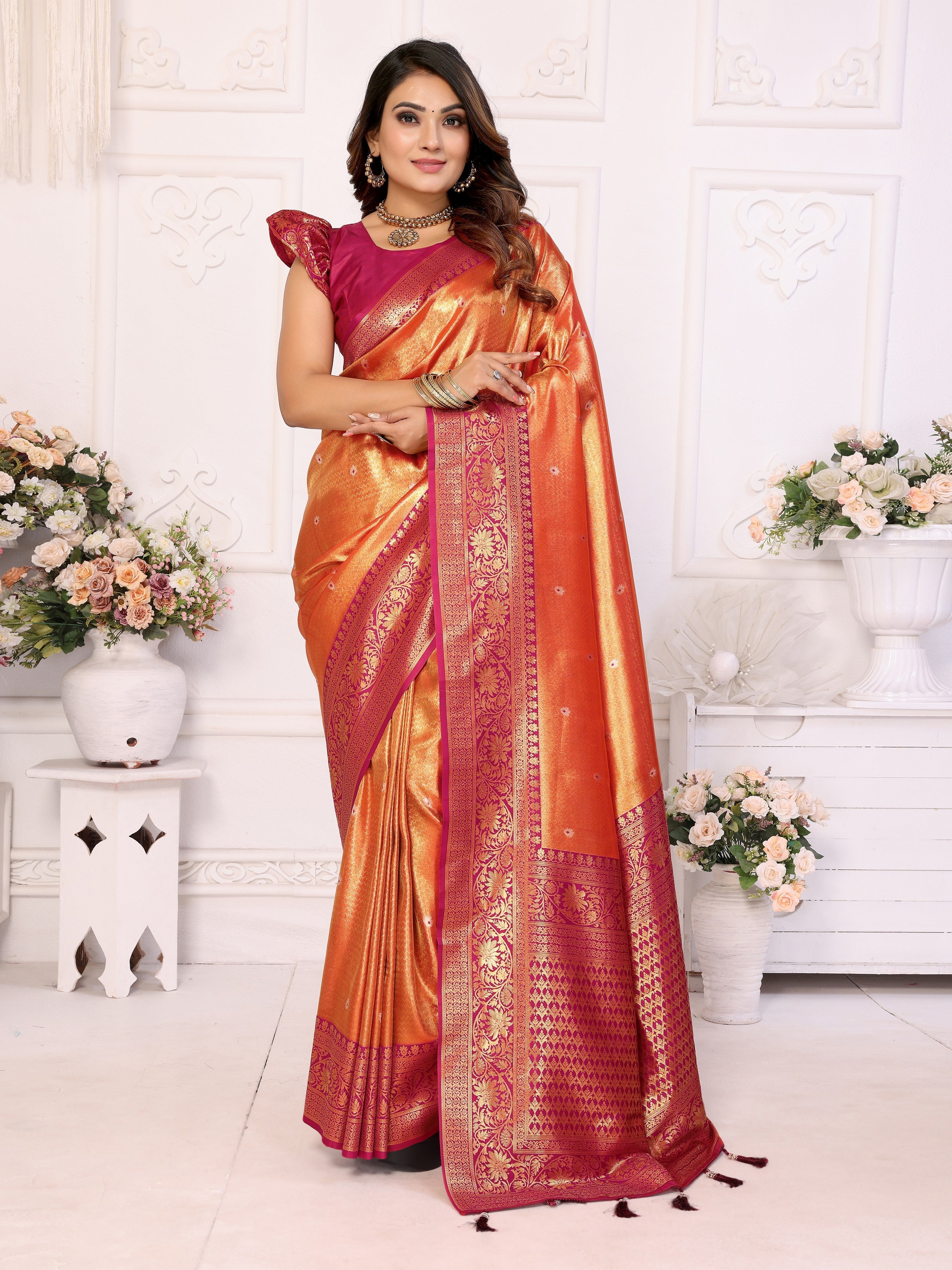 Orange Banarasi Tissue Silk Woven Jari Heavy Designer Saree