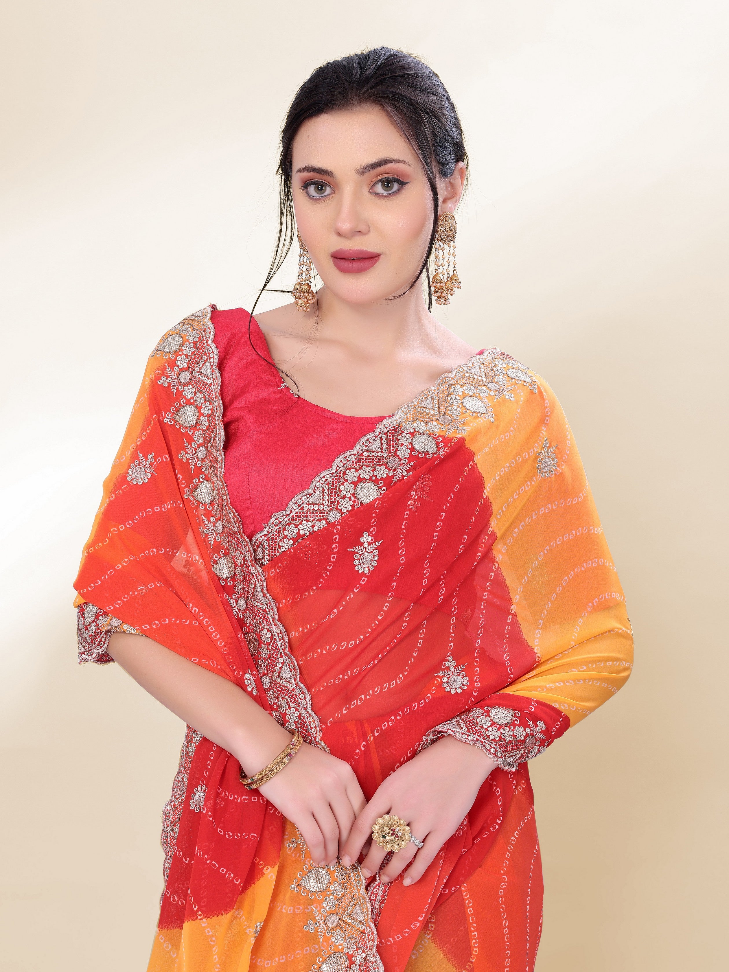 Orange Beautiful Georgette Bandhej Printed Festive Saree