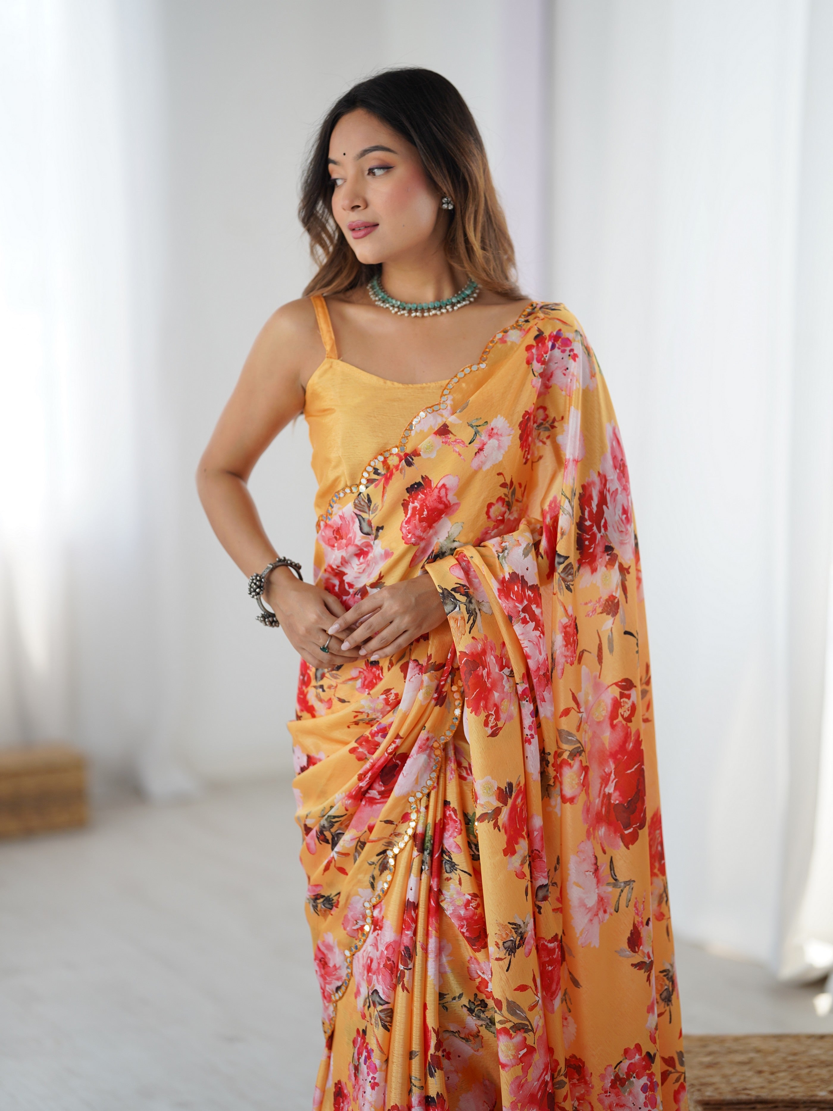 Orange Beautiful Printed Chinon Saree With Stylish Border For Girlie Looks