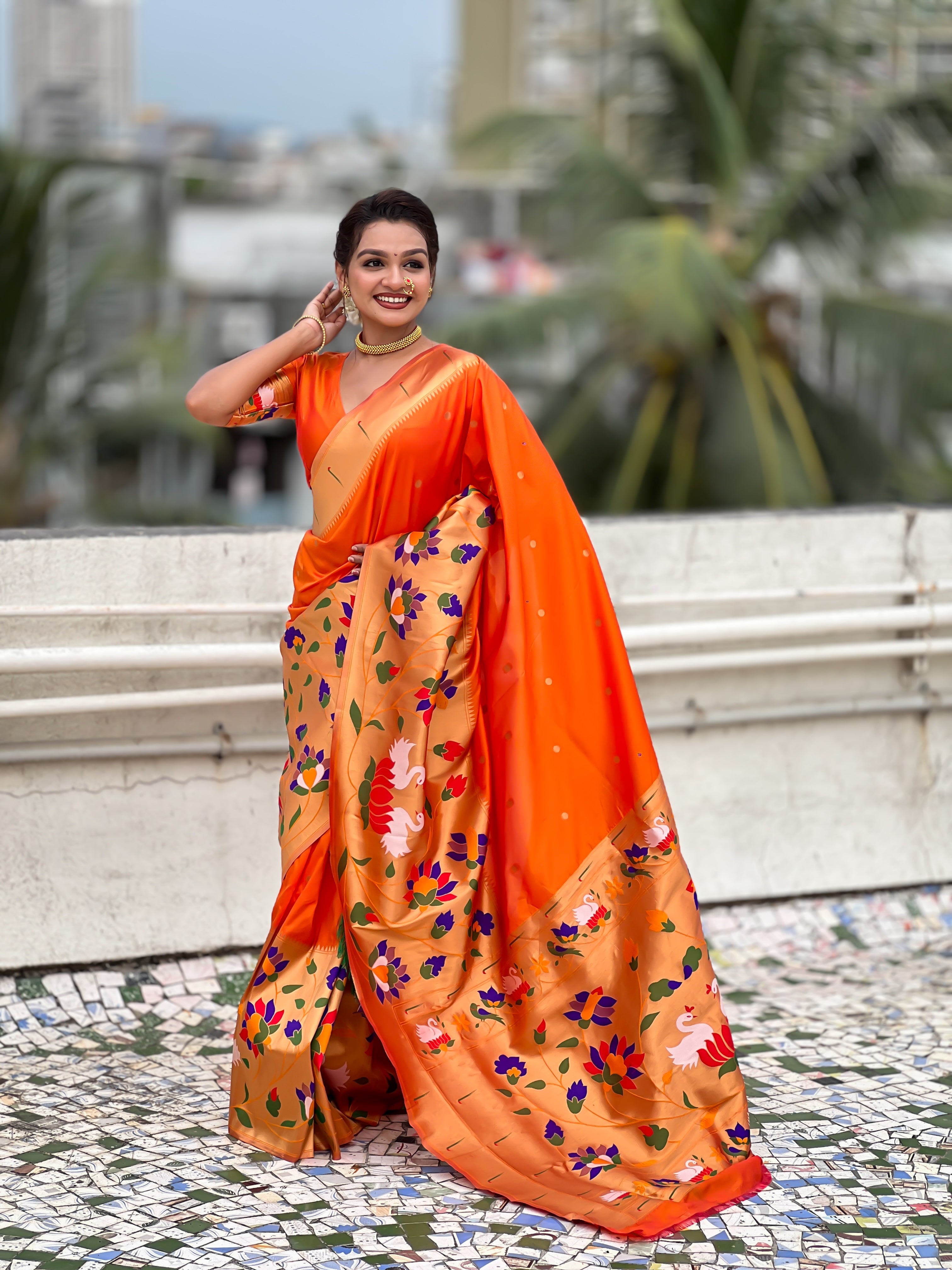Orange Beautiful Woven Meenakari Polka Designer Paithani Silk Ethnic Graceful Saree