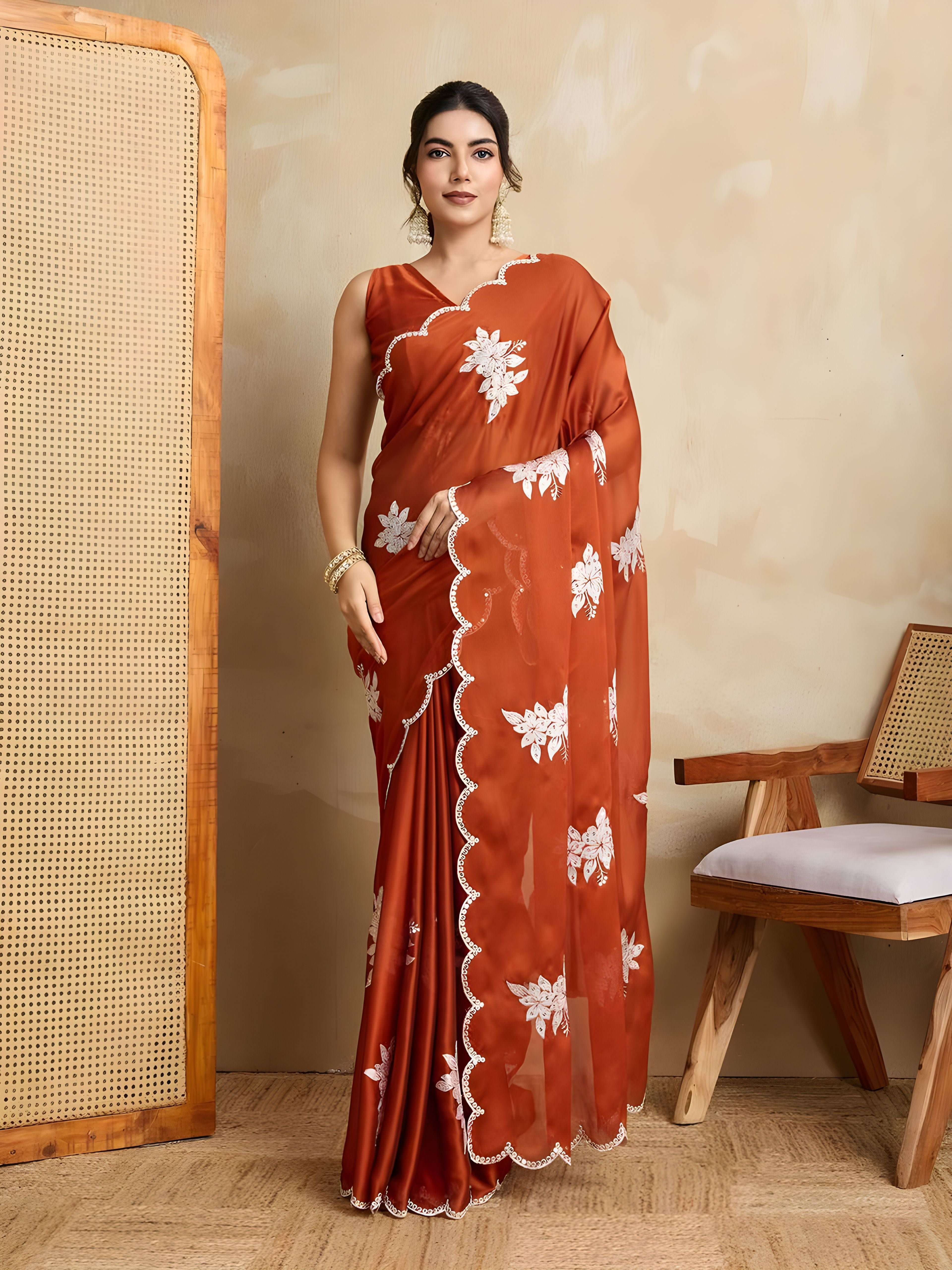 Orange Black Rangoli silk Saree with Embroidery Sequance With Cutwork Border Work