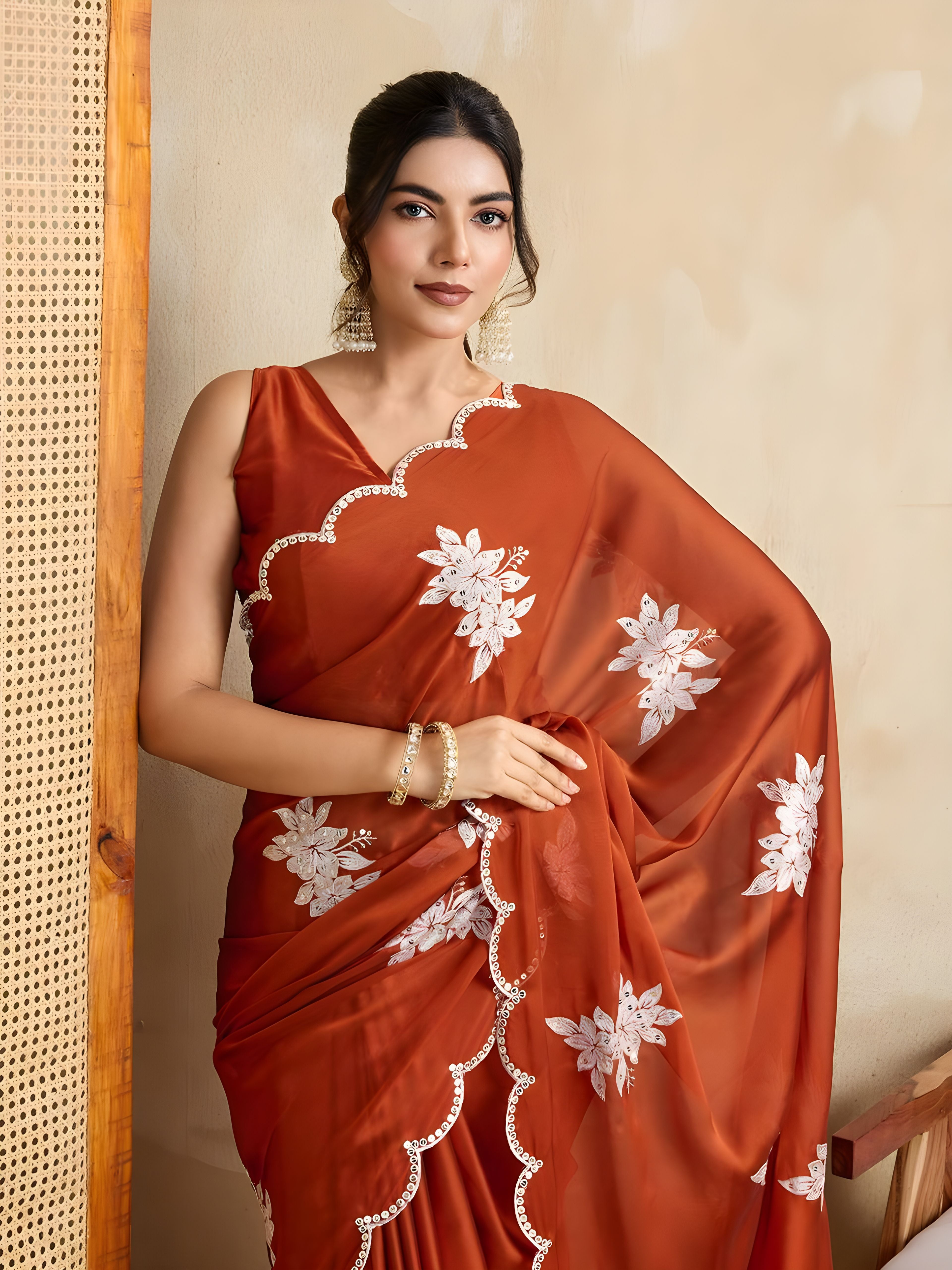 Orange Black Rangoli silk Saree with Embroidery Sequance With Cutwork Border Work