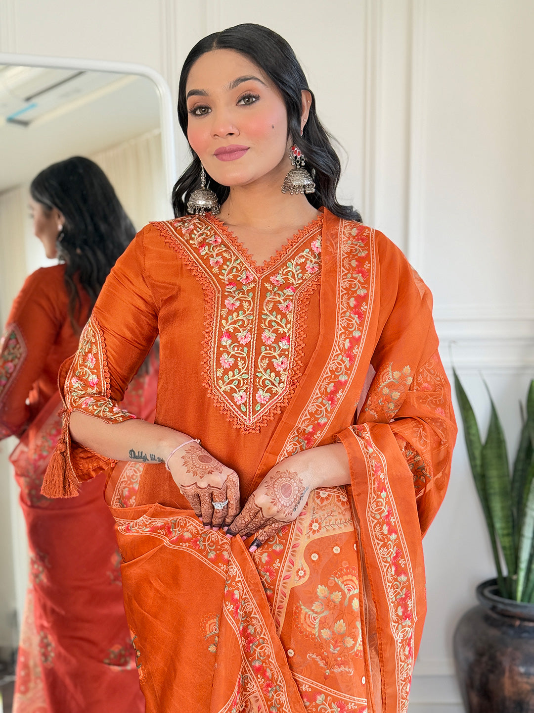 Orange Bsy Viscose Elegant Kurta Pant Set With Thread Work