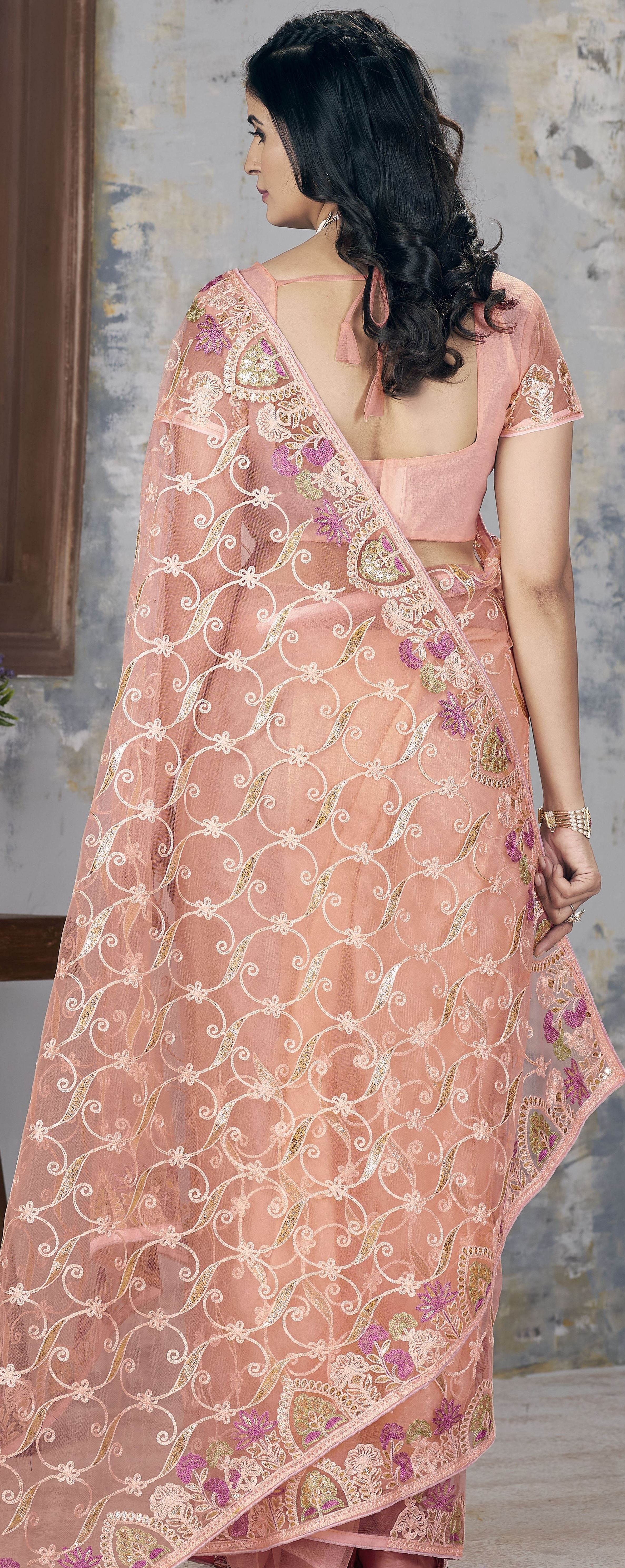 Orange Butterfly Net Graceful Embroidery Work Partywear Saree