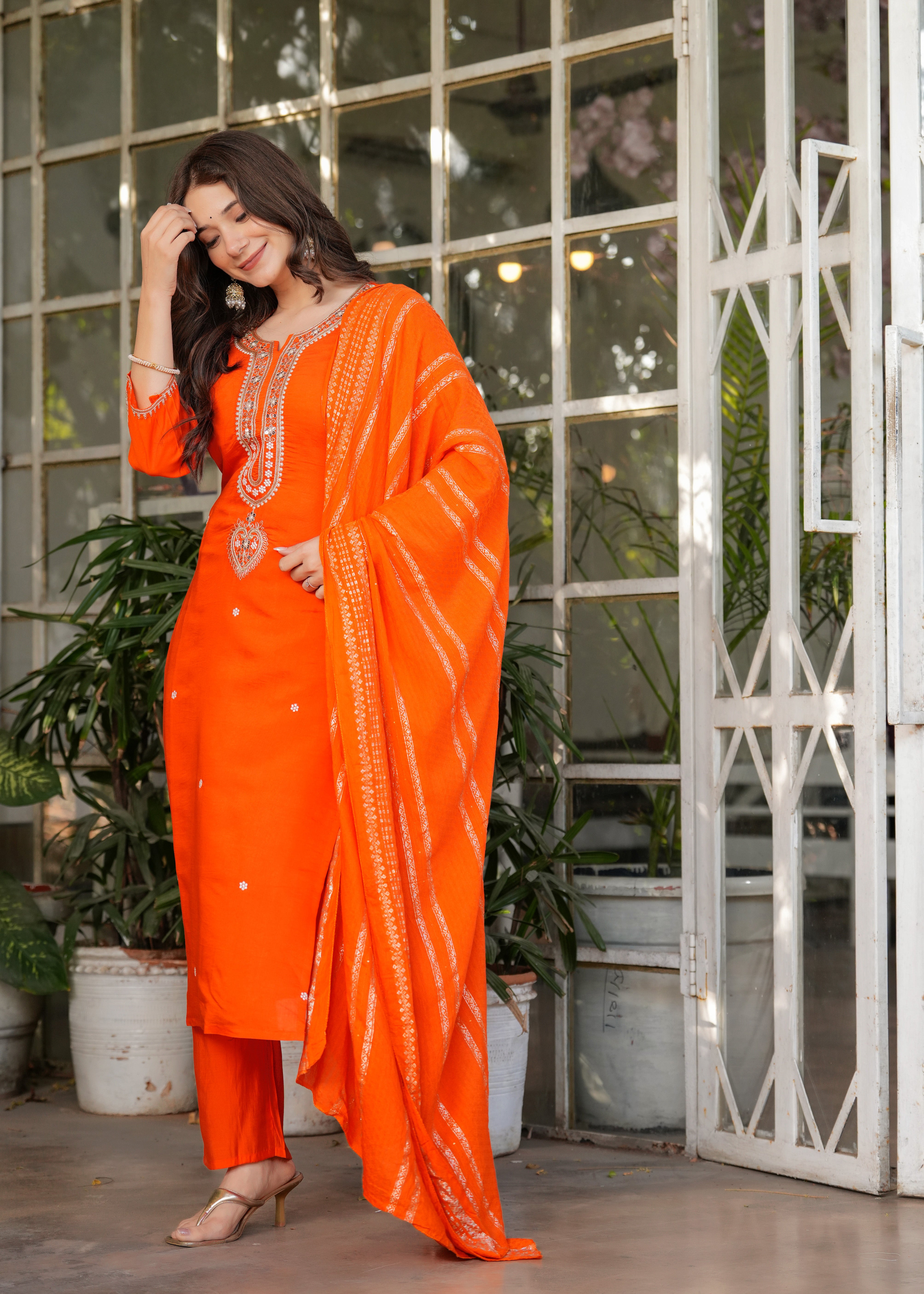 Orange Chanderi Viscose Elegant Kurta Pant Set With Embroidery Work