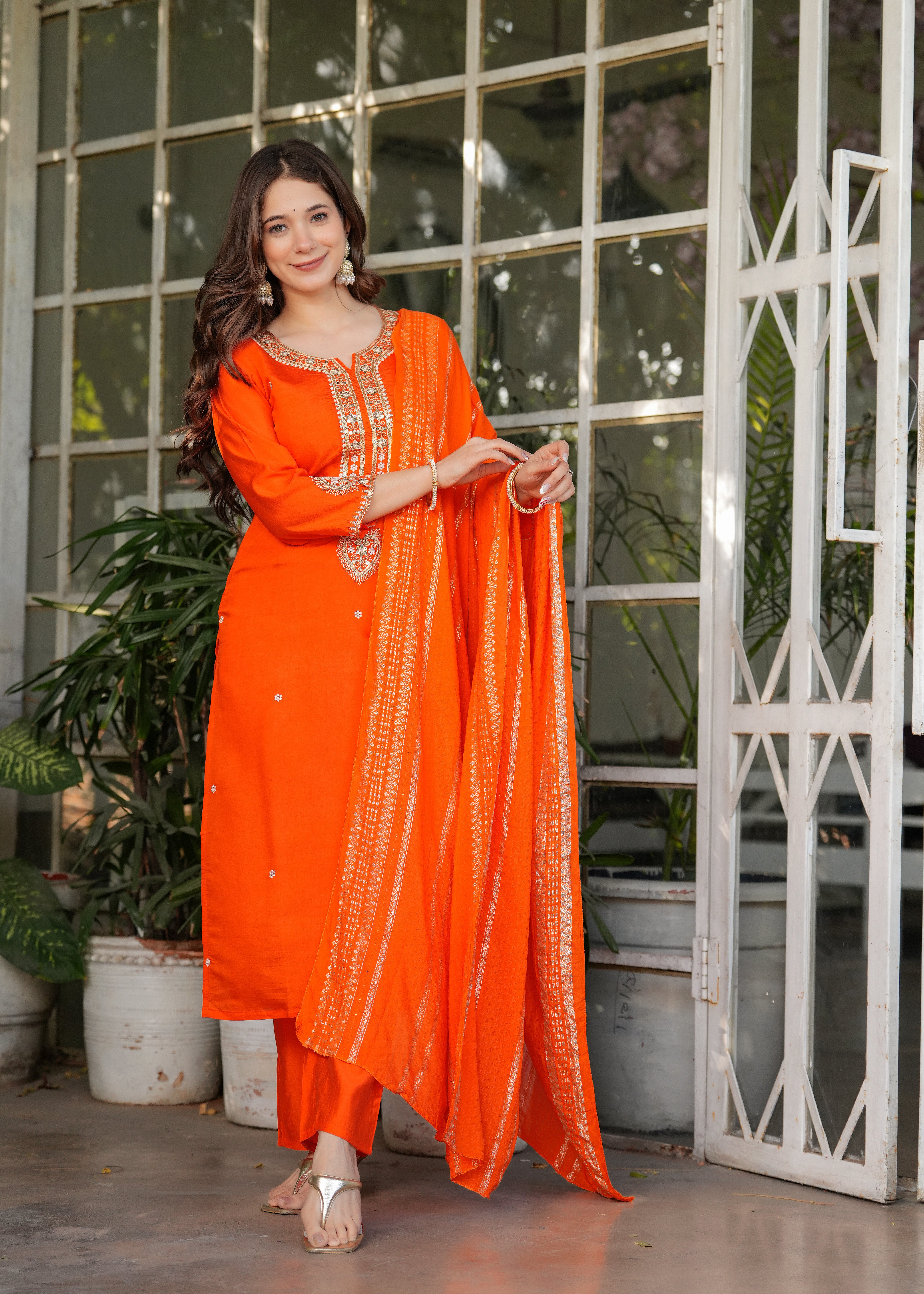 Orange Chanderi Viscose Elegant Kurta Pant Set With Embroidery Work