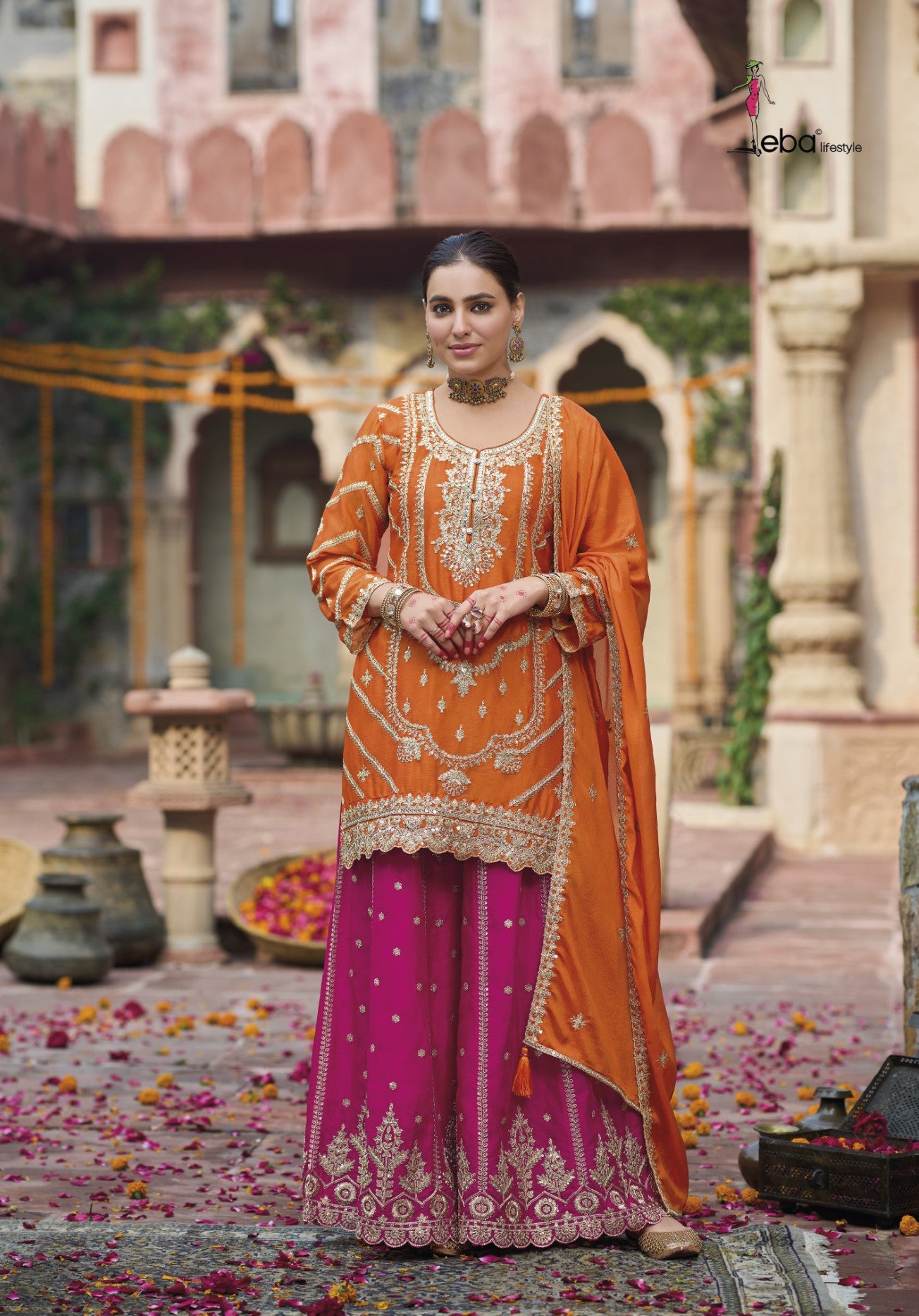 Orange Chinon Designer Suit Set With Elegant Embroidery