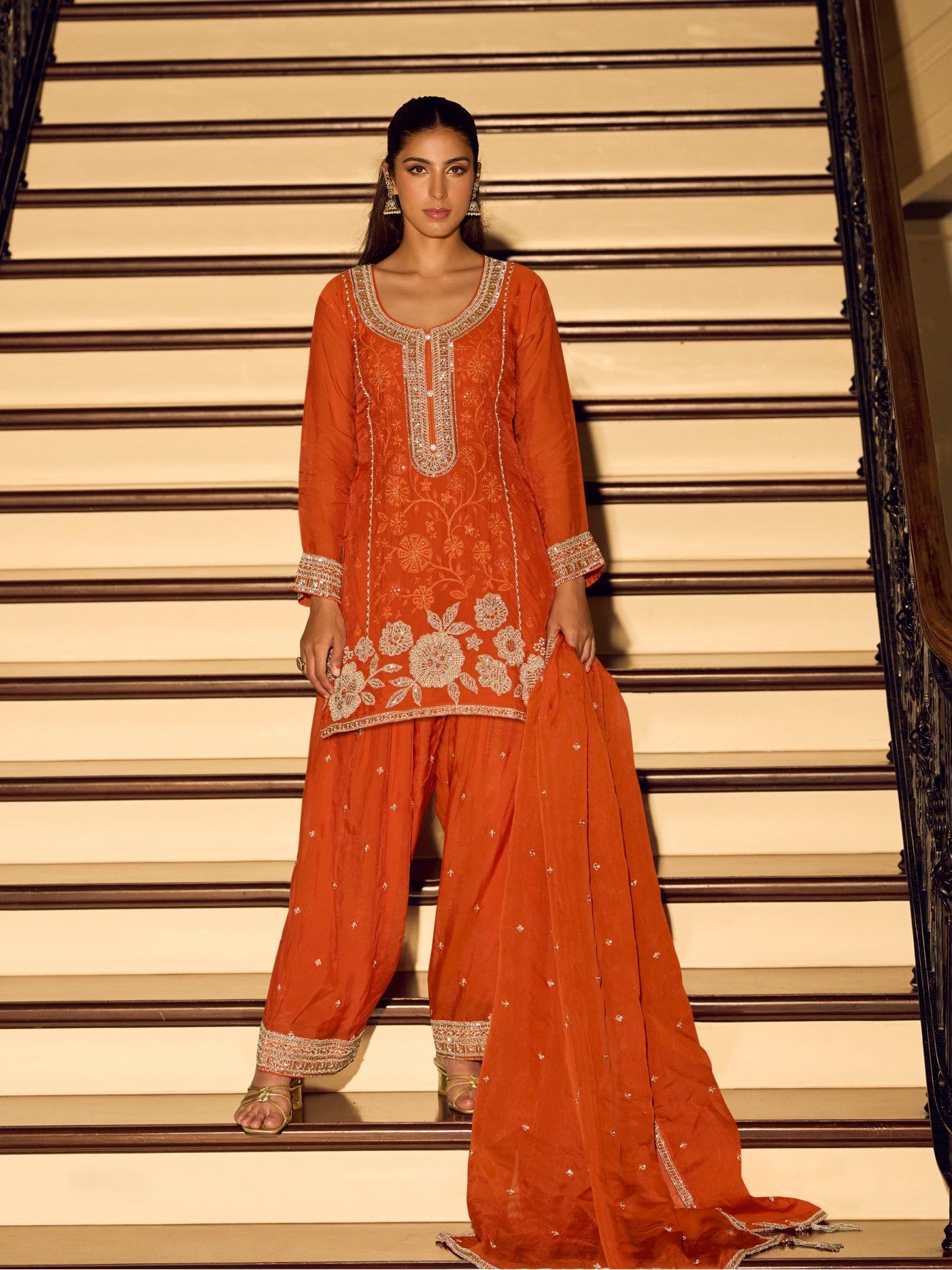 Orange Chinon Designer Suit Set With Elegant Embroidery